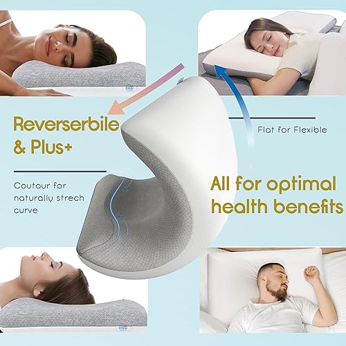 Miniatura 4 de ZEO-SLEEP Almohada ortopédica cervical de contorno de cuello con diseño amplio, almohada reversible de espuma viscoelástica, para dormir de lado,