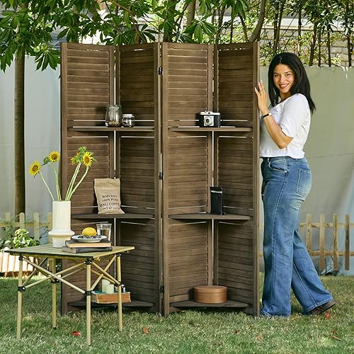 Miniatura 7 de Divisores de habitación, pantalla plegable de privacidad de madera con tres estantes de exhibición adecuados para oficina en casa, estudio,
