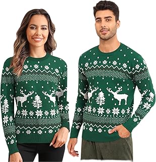 Christmas Sweater Couple Roundneck Reindeer Snowflakes Ugly Long Sleeve ...