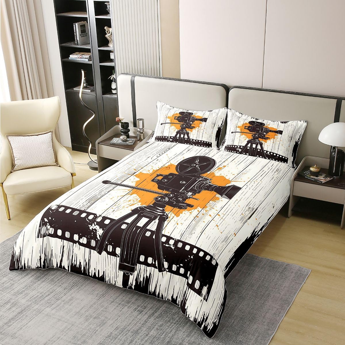 Erosebridal Movie Theater 100% Cotton Duvet Cover Full Size Camera Bedding Set for Kids Boys Girls Vintage Film Board Comforter Cover Retro Tripod Cinema Bedclothes image 2