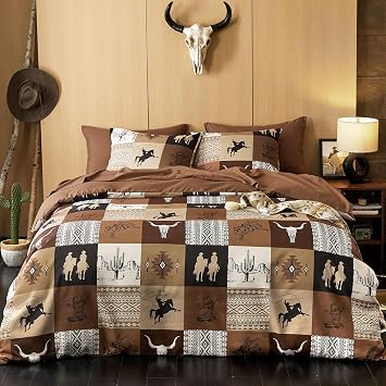 Wake In Cloud - Western Comforter Set with Sheets, Southwestern Aztec Country Horse Cowboy Rustic Ranch Style, 7 Pieces Bed in a Bag, Tan Brown, Queen Size
