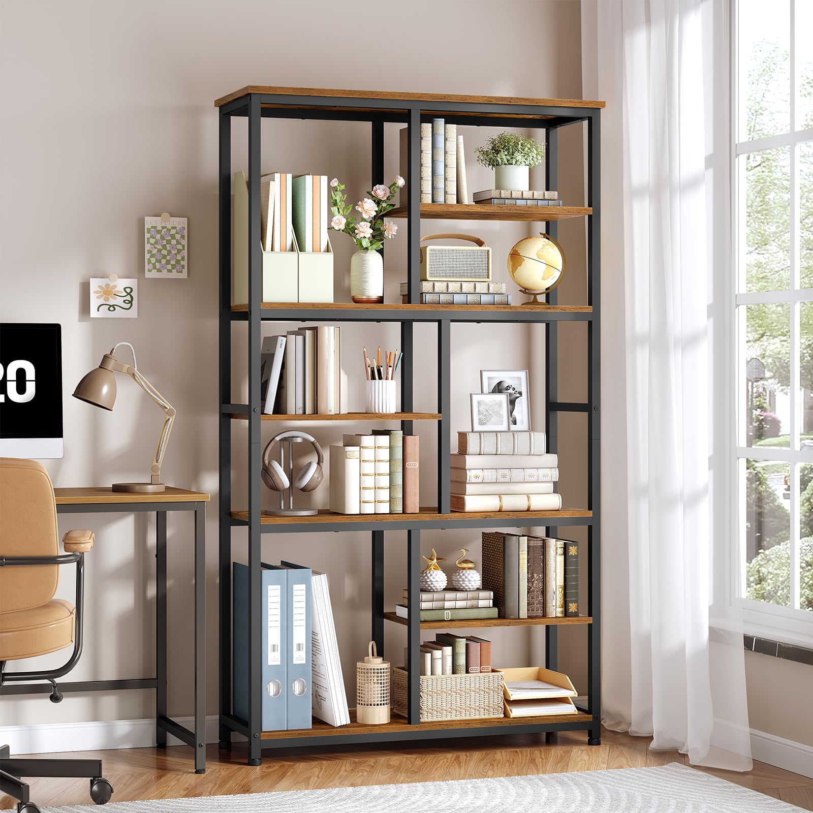 HOOBRO Librería de 7 Niveles, Estantería Abierta con 4 Patas Ajustables, Librería de Aglomerado y Estructura Metálica, para Salón y Despacho, 100 x 28 x 180 cm, Marrón Vintage y Negro EBF06SJ01