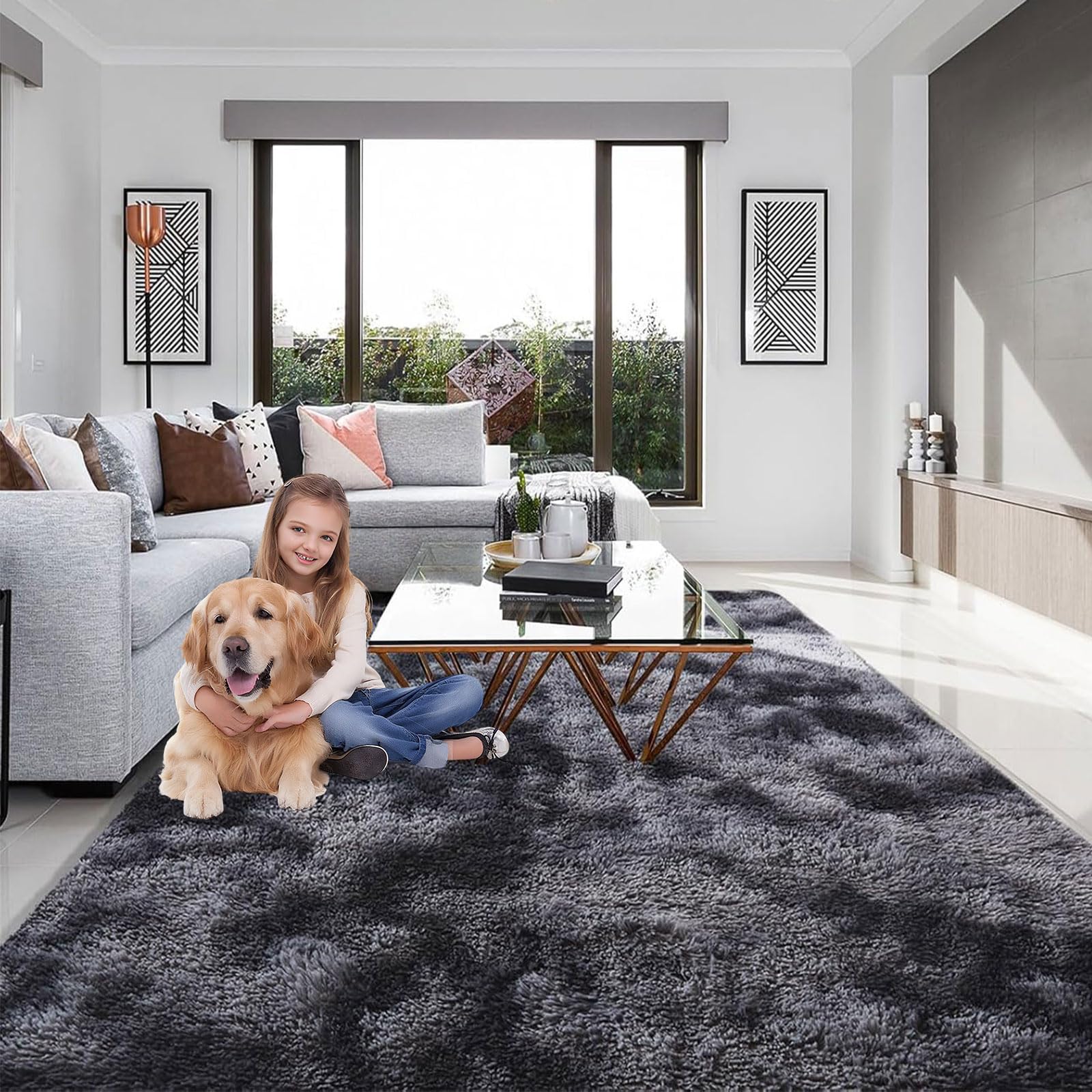 GUOJUN Wohnzimmer Teppich 120 x 120 cm Anti-Rutsch Rückseite Modern Waschbar Großer Moderner Teppich Pflegeleicht, Minimalistisch Fußbodenheizung Geeignet, Dunkelgrau