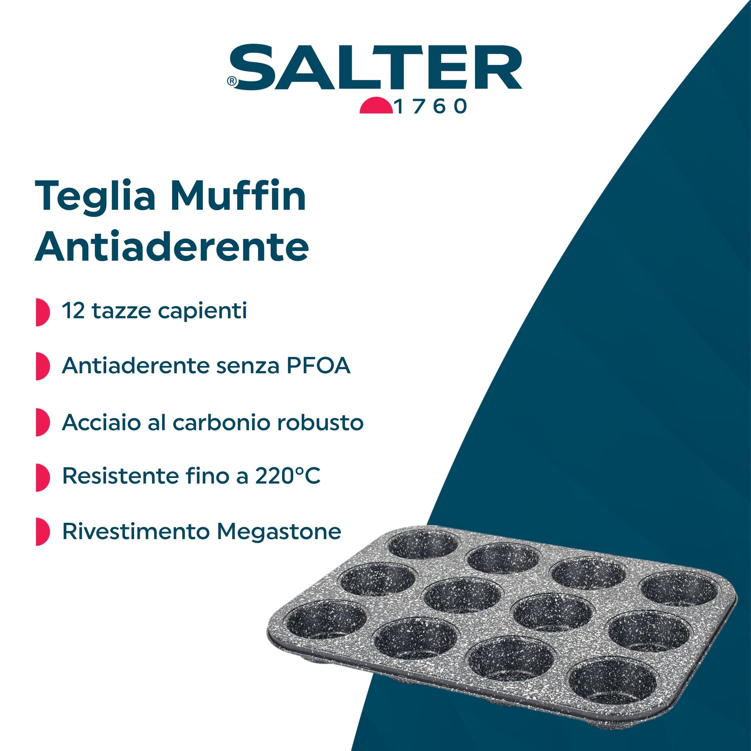 Salter BW07036BRMFOB Megastone patelnia do muffinek ze stali węglowej, 12 szklanek, blacha do pieczenia, blaszka do ciasta, nieprzywierająca powłoka, bez PFOA, bezpieczne w piekarniku, długotrwałe