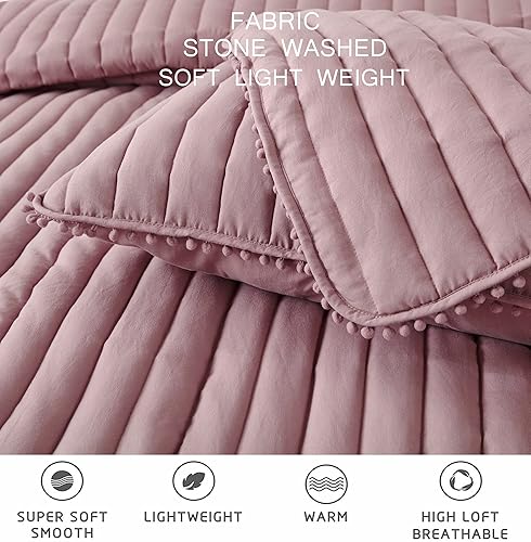 Miniatura 8 de Chezmoi Collection Iris - Juego de edredón de 3 piezas con pompones, colcha acolchada de punto de canal, colcha de microfibra lavada, tamaño Queen