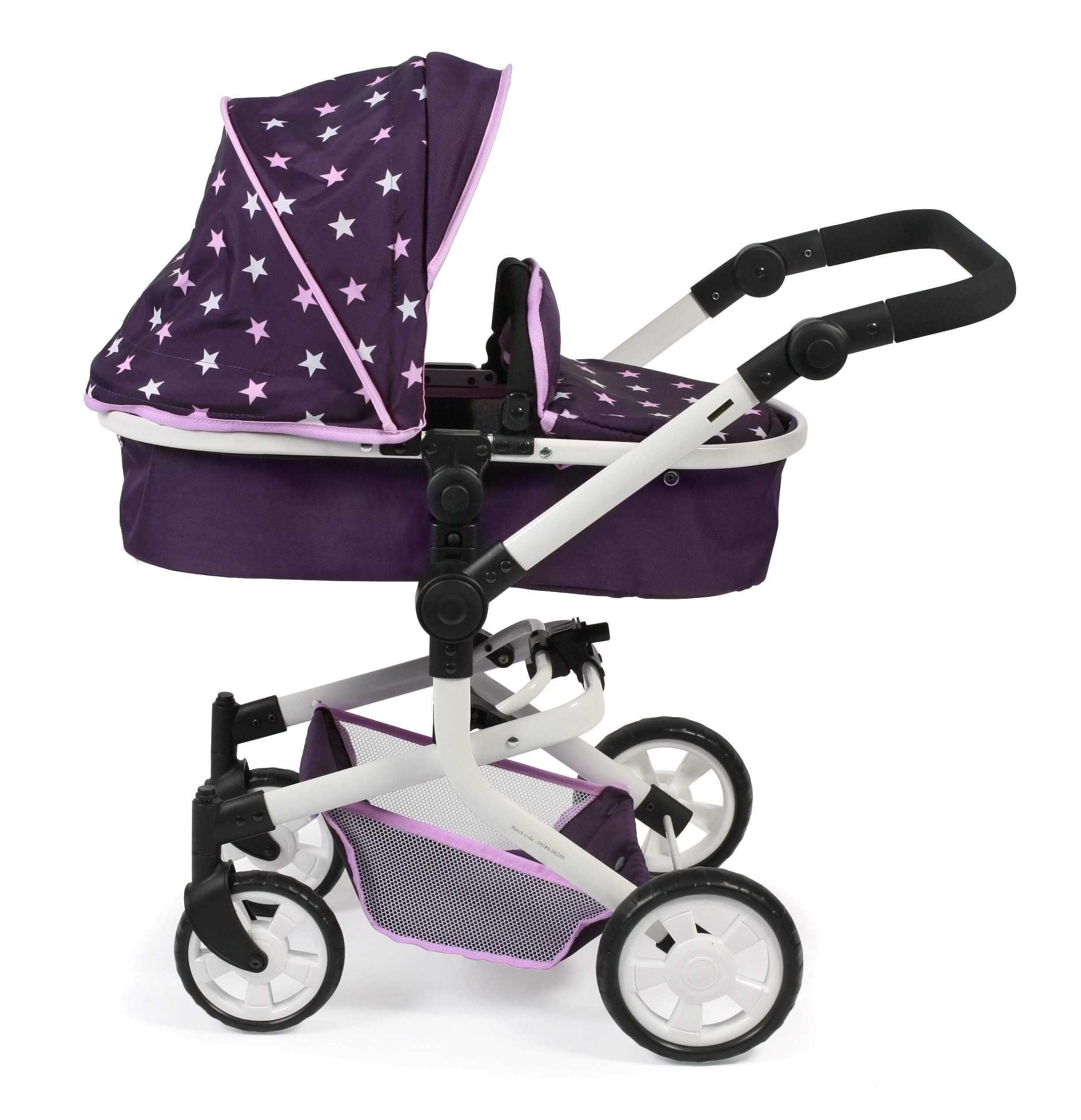 Bayer Chic 2000 - Passeggino per bambole Mika, passeggino combinato 2 in 1 per bambini dai 4 agli 8 anni, stelle lilla
