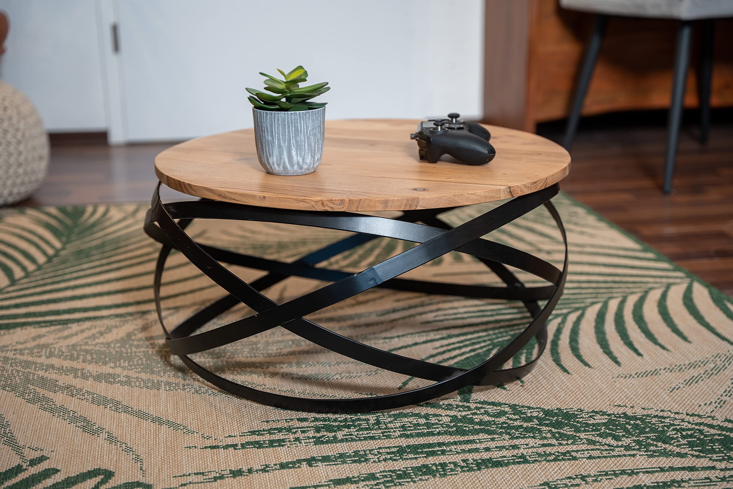 SAM Couchtisch Allison, Akazienholz massiv + naturfarben, 60x60x30 cm | runder Sofatisch mit schwarzem Metallgestell, Industrial-Design