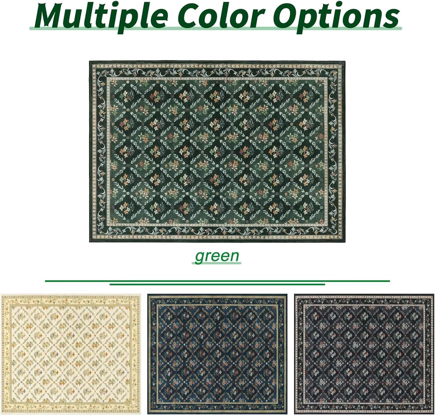 Rwlvpe Green Floral Rugs 5x7 Area Rugs for Living Room, Non Slip Stain Resistance Washable Vintage Large Area Rug for Bedroom, Low Pile Checkered Carpet for Farmhouse Dining Room Office