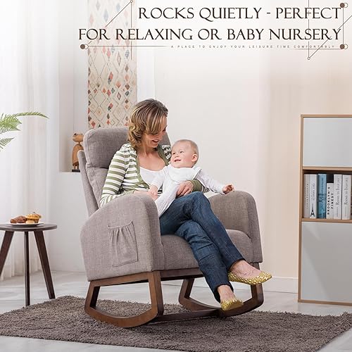 Miniatura 3 de Mecedora tapizada para guardería, mecedora Accent Glider con bolsillo lateral, cómoda silla con respaldo alto y reposacabezas, planeador de