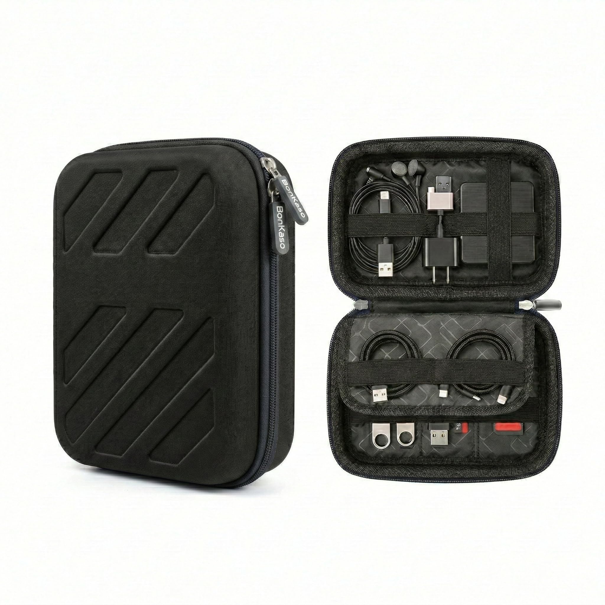 BonKaso Electronics Organizer Travel Case – EVA Hard Shell Tech Pouch for USB Cable, Charger, Power Bank, Earphones, Hard Drive Storage | Compact Shockproof Gadget Organizer – Black