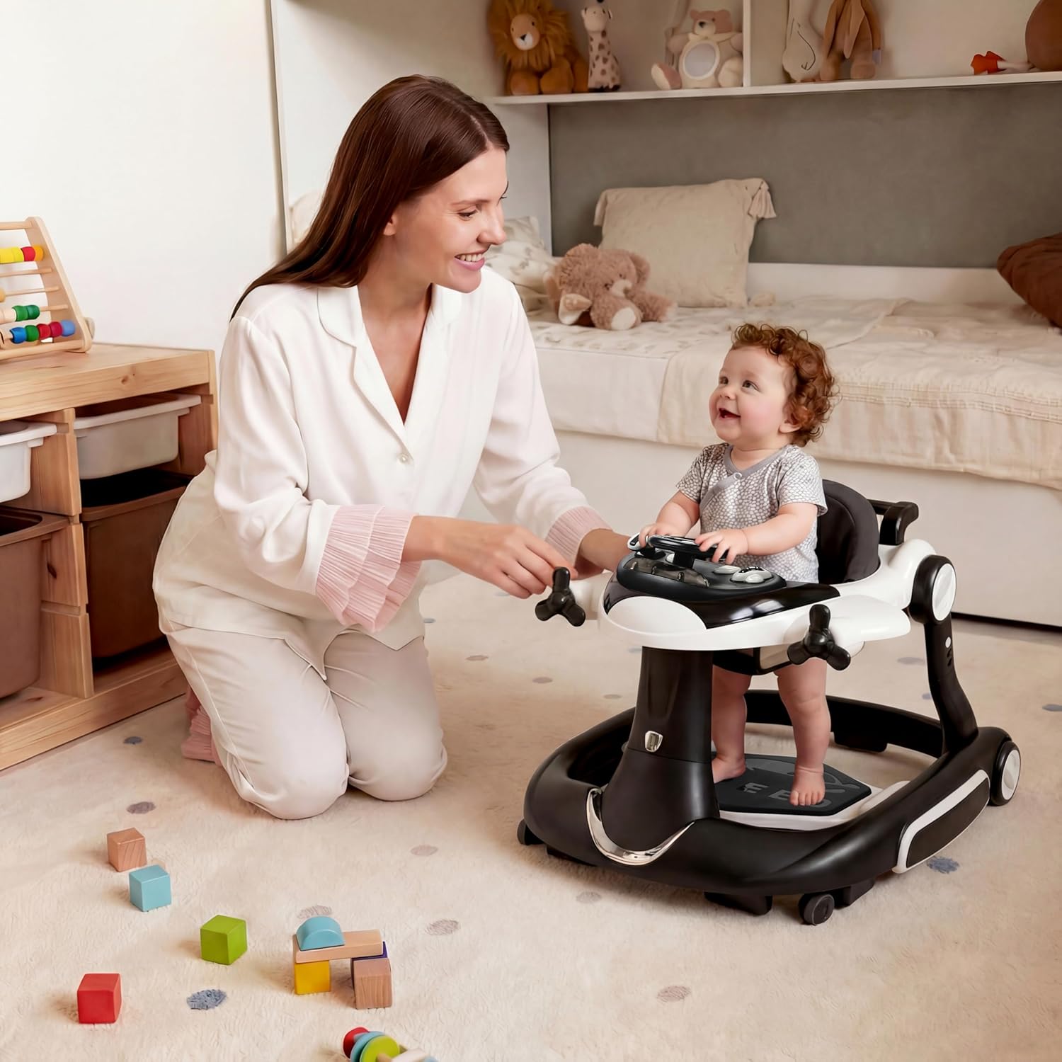7 in 1 Foldable Baby Walker, Infant Activity Walker w/Adjustable Height, Detachable Play Tray with Music & Light, Baby Push Walker with Wheels for Boys Girls 7-18 Months, Speed Control, Black