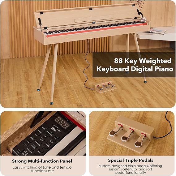 Digital Piano 88 Keys Weighted Keyboard Full Size Desk Progressive Hammer Action Electric Piano for Beginners with Music Stand Pedal Power Adapter Headphone Mode USB Mid Maple
