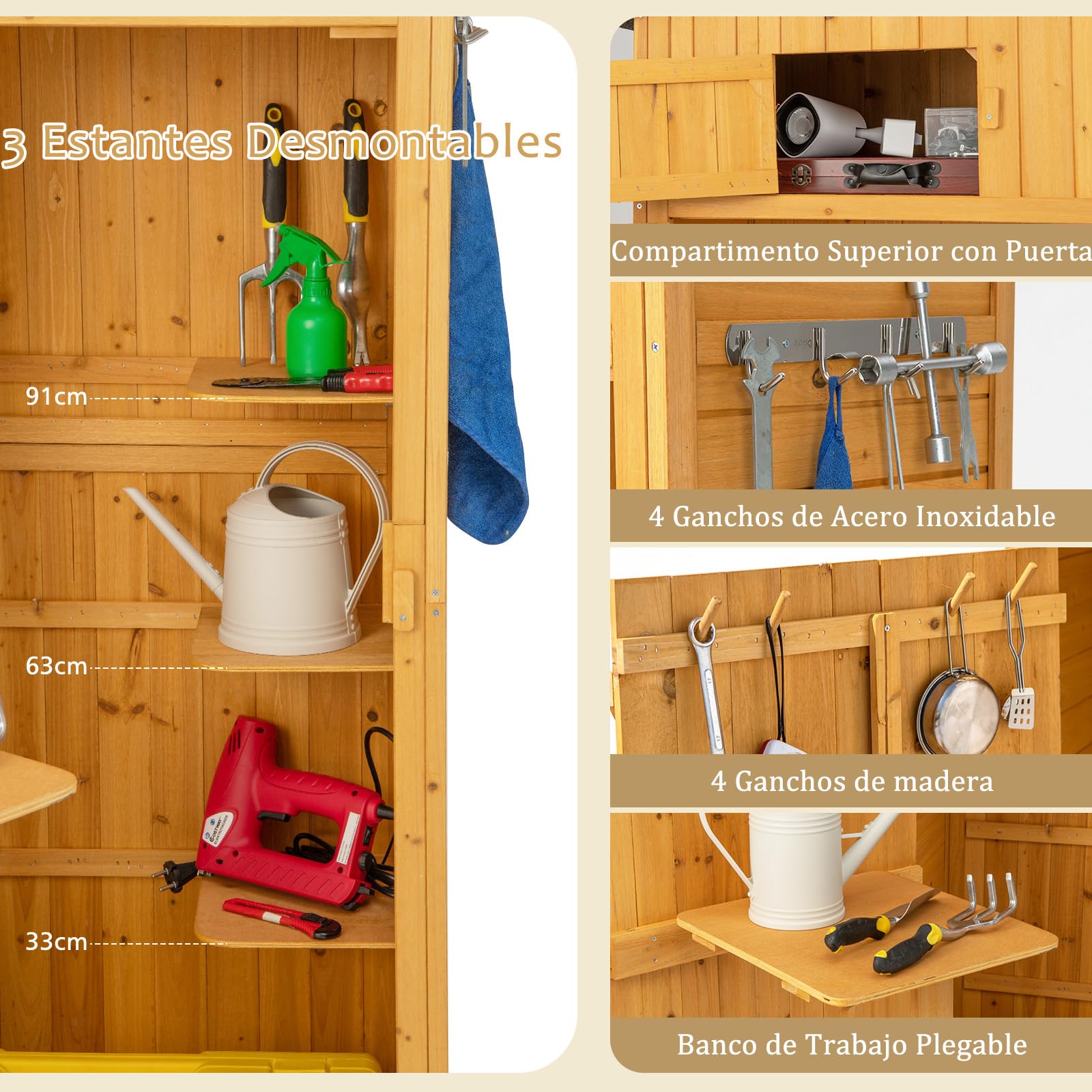 RELAX4LIFE Cobertizo de Madera con Techo a 2 Aguas de Asfalto, Armario de Jardín con 8 Ganchos, 3 Estantes Extraíbles y Mesa Plegable para Herramientas de Jardinería (Natural)