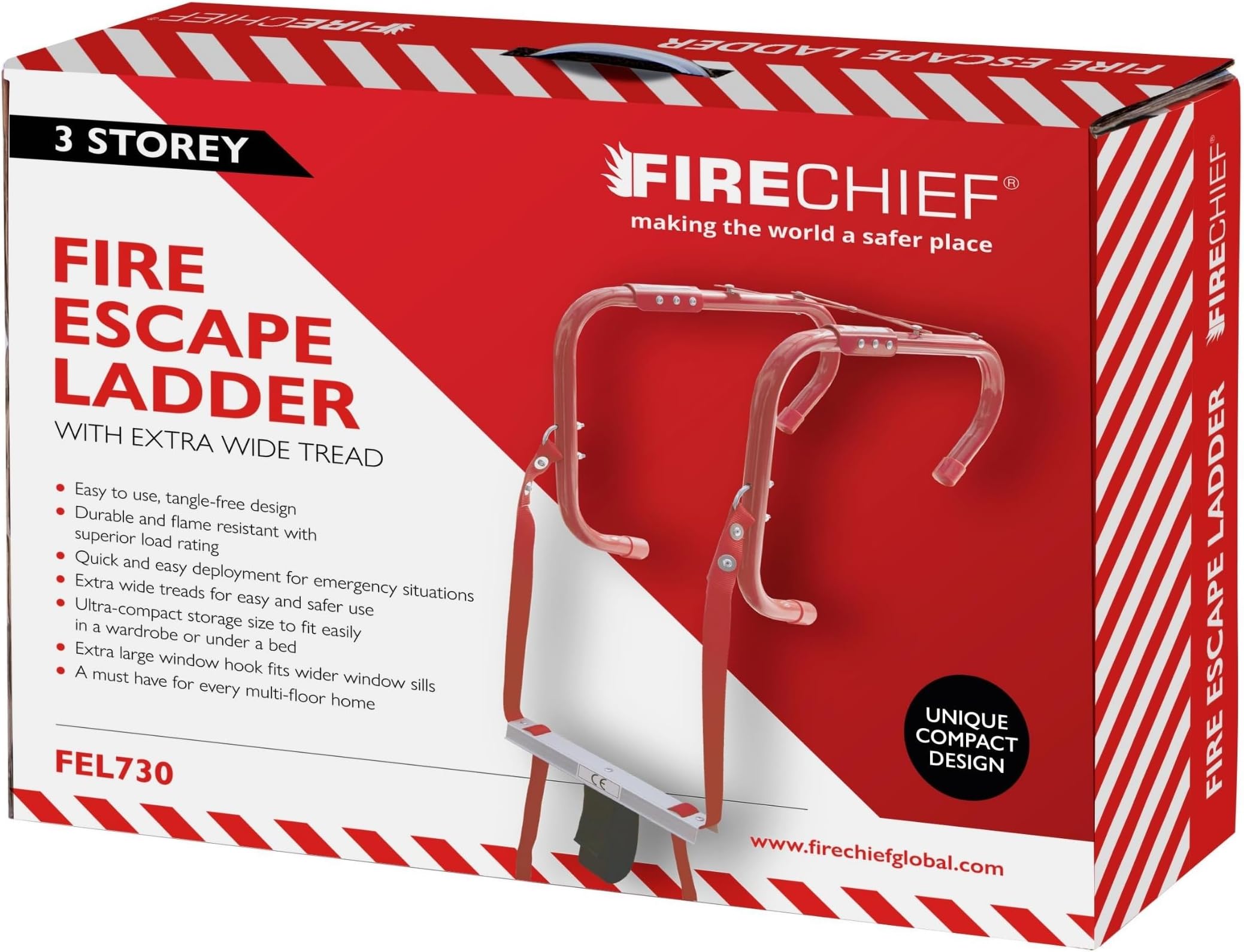 3 Storey Fire Escape Ladder - 23.9ft/7.30m Long Multi Storey Escape Ladder - Extra Wide Tread for Easy Foothold (300mm Wide) - Anti Slip Rope & Metal - 1 Year Warranty - FEL730 Model