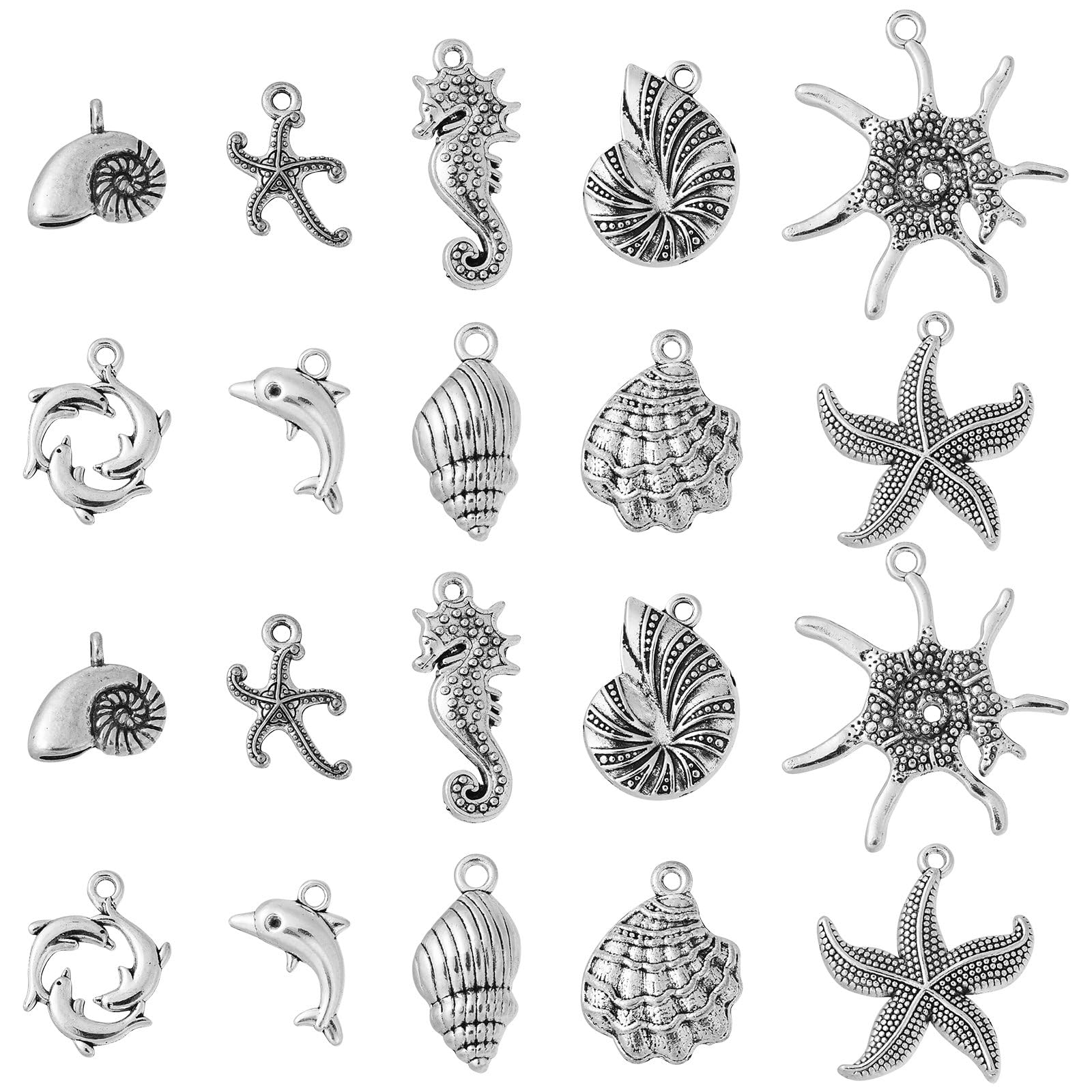 Stiesy 50Pcs 10 Styles Tibetan Silver Ocean Animal Charms Vintage Conch Starfish Pendant Charm Antique Sea Stars Shell Charms for Jewellery Making Bracelet Crafting