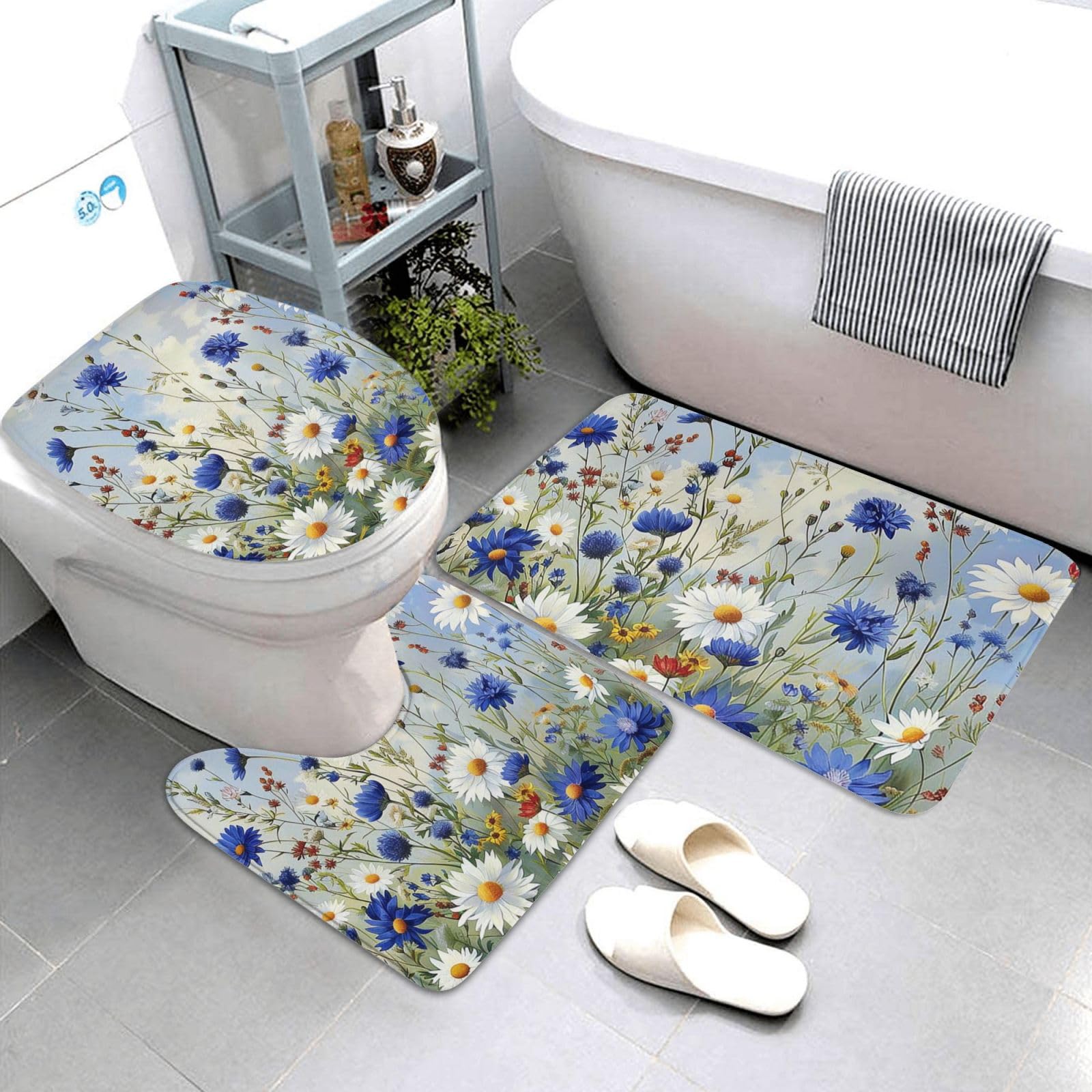 Lot de 3 tapis de bain en flanelle avec motif fleurs sauvages et bleuets, marguerites, tapis de bain + tapis contour + housse de siège de toilette, tapis de bain absorbant antidérapant