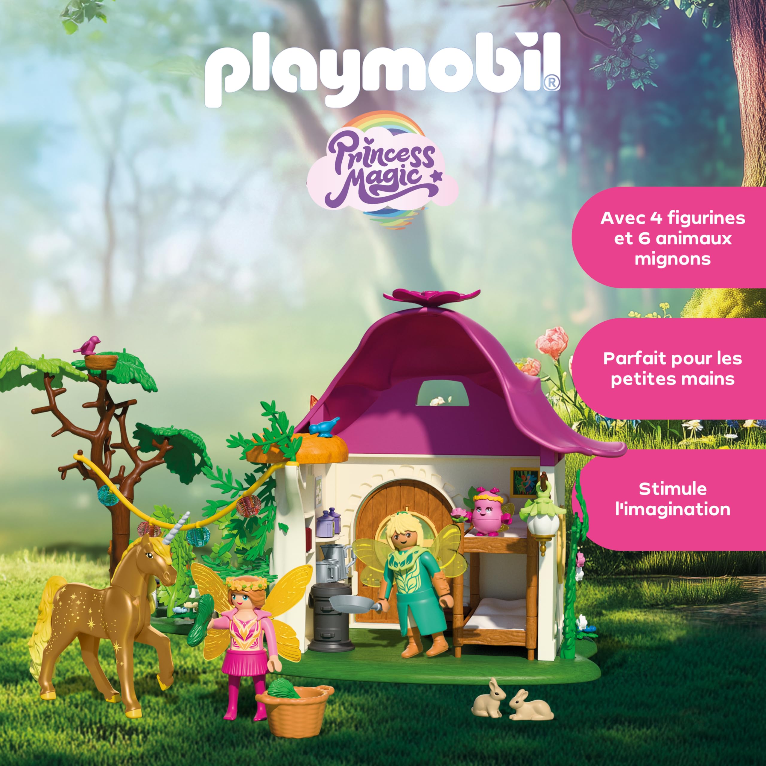 Playmobil | Magic Unicorns | La Maison des fées avec Licorne dorée et écurie | avec Guirlande Lumineuse pour des Nuits Magiques | Jouet créatif pour Les Enfants à partir de 4 Ans | 71838