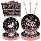 160Pcs Black and Rose Gold Party Decoration Rose Gold & Black Party Supplies Dinnerware Set-Plate, Napkin for Women Girl Birthday decoration