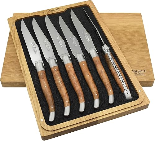 Laguiole en Aubrac L uxury cuchillos para carne de acero inoxidable totalmente forjados, juego de 6 piezas con mango de madera de tujacedro,