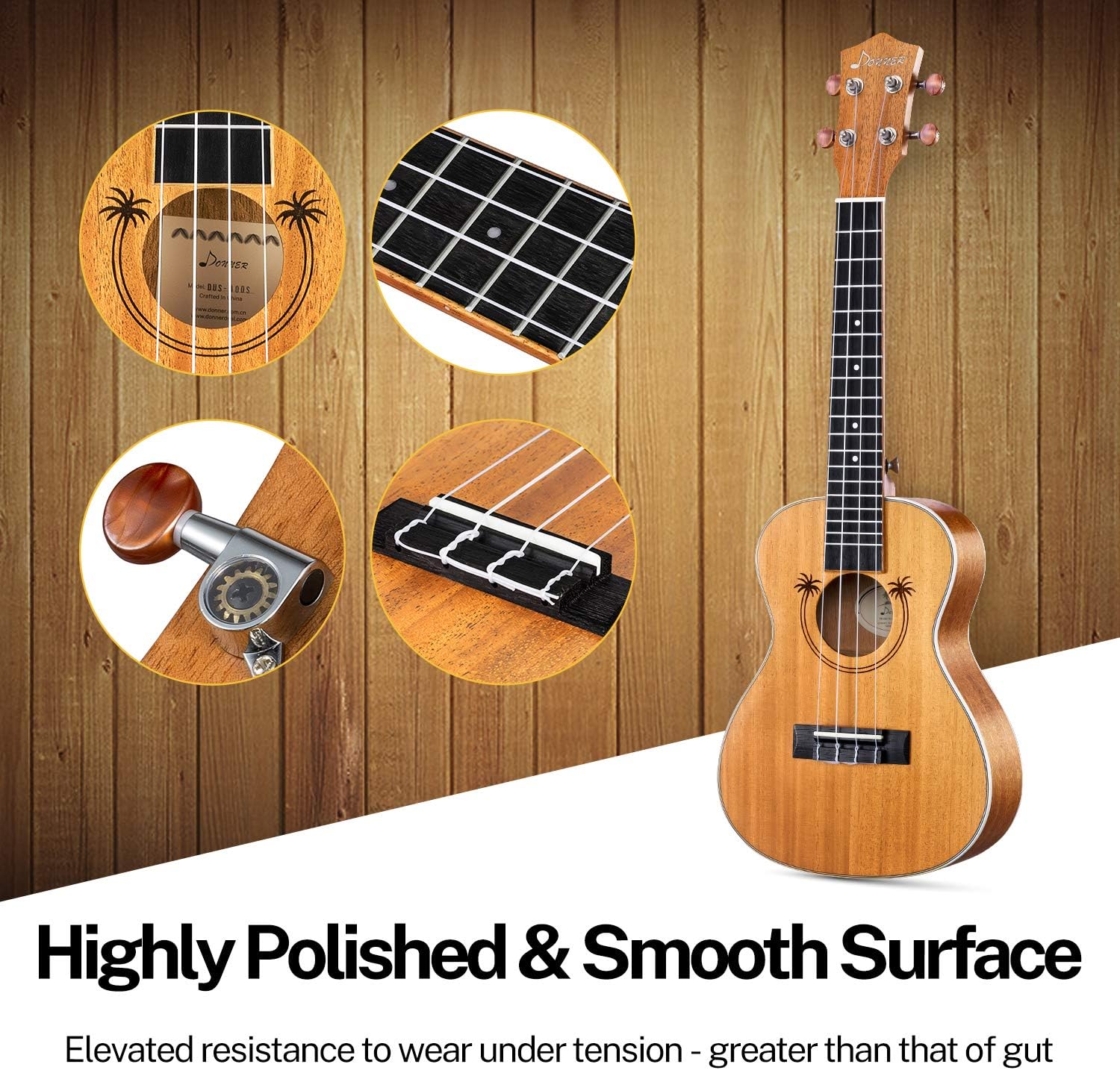 Donner Solid Top Mahogany Concert Ukulele Professional 23 inch Ukelele Beginner Kit Online Lesson Strap Gig Bag Strap Nylon String Tuner Cloth DUC400 Ukalalee Bundles Set