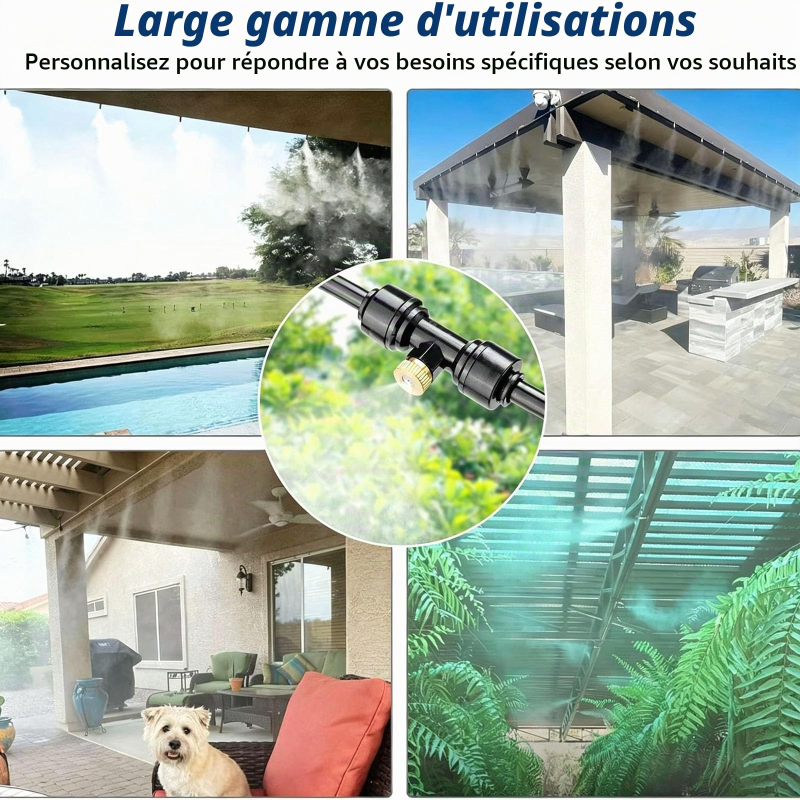 Brumisateur Terrasse, Kit Brumisateur Exterieur, Tuyau BrumisateurTerrasse Exterieur, Buses De Brume Avec Joint En T, Kit De Tuyau-Brumisateur Par Brume Pour Jardin Parasols Avec Filtre à Eau，10M