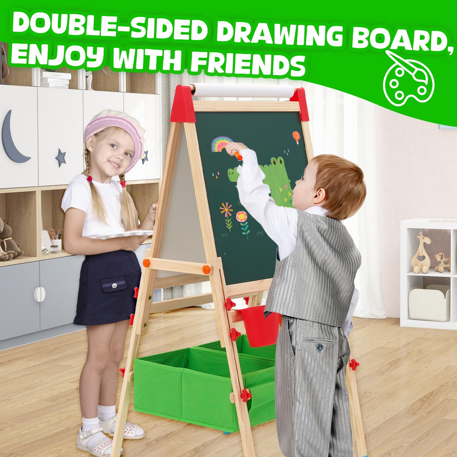 Kindertafel aus Holz mit Papierroll,Magnetische Kinder Kreidetafel & Whiteboard,Höhenverstellbar Staffelei kinder,mit Großer Aufbewahrungstasche Kreide, Pinseln, Zahlen-Buchstaben(Grün)