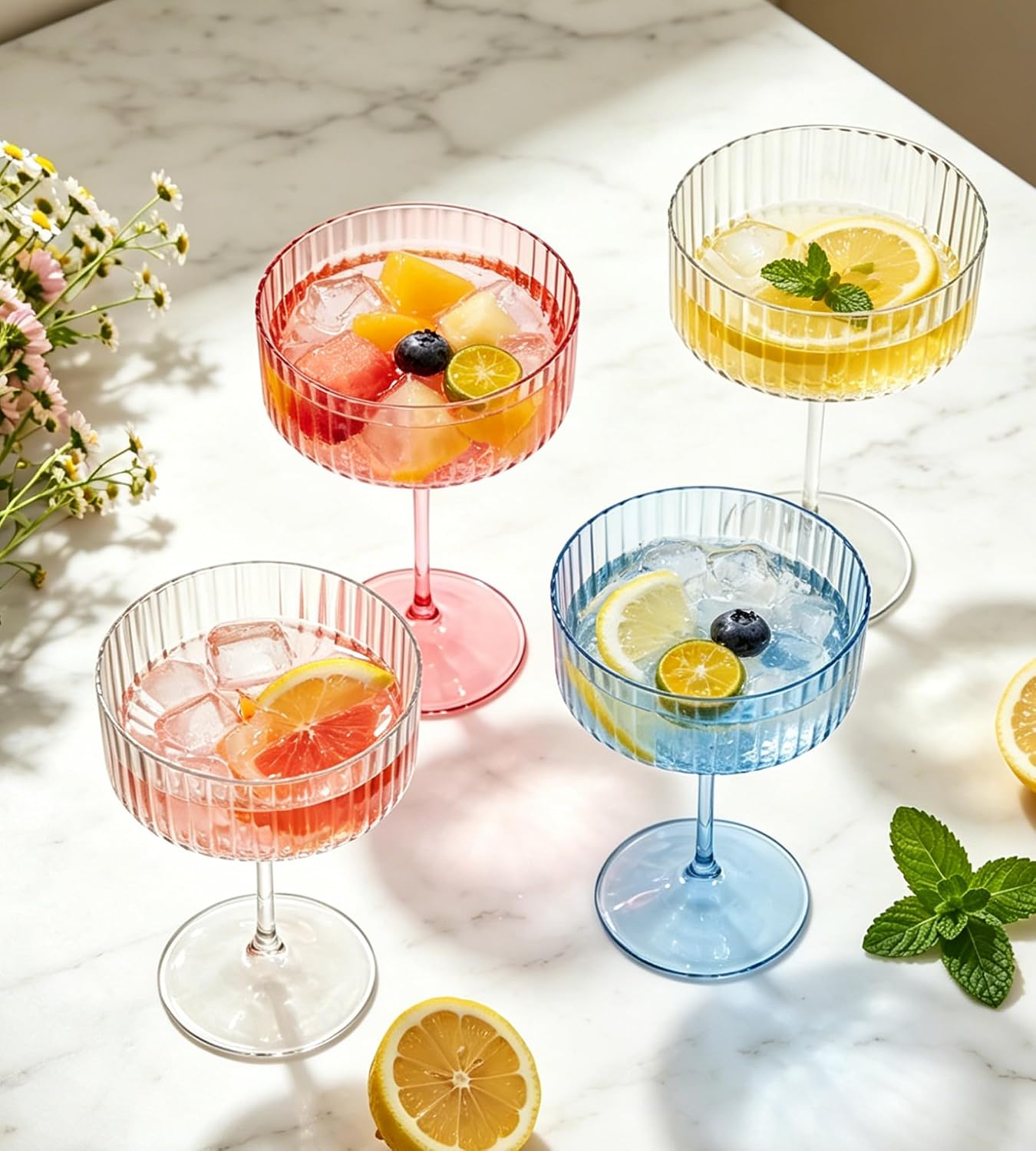 Ribbed Plastic Martini Glasses, 10oz Unbreakable Coupe Glasses with Stem, Reusable Cocktail Glasses, for Bar, Margarita, Whiskey, Wedding,Birthday,Party Supplies (24, Blue)
