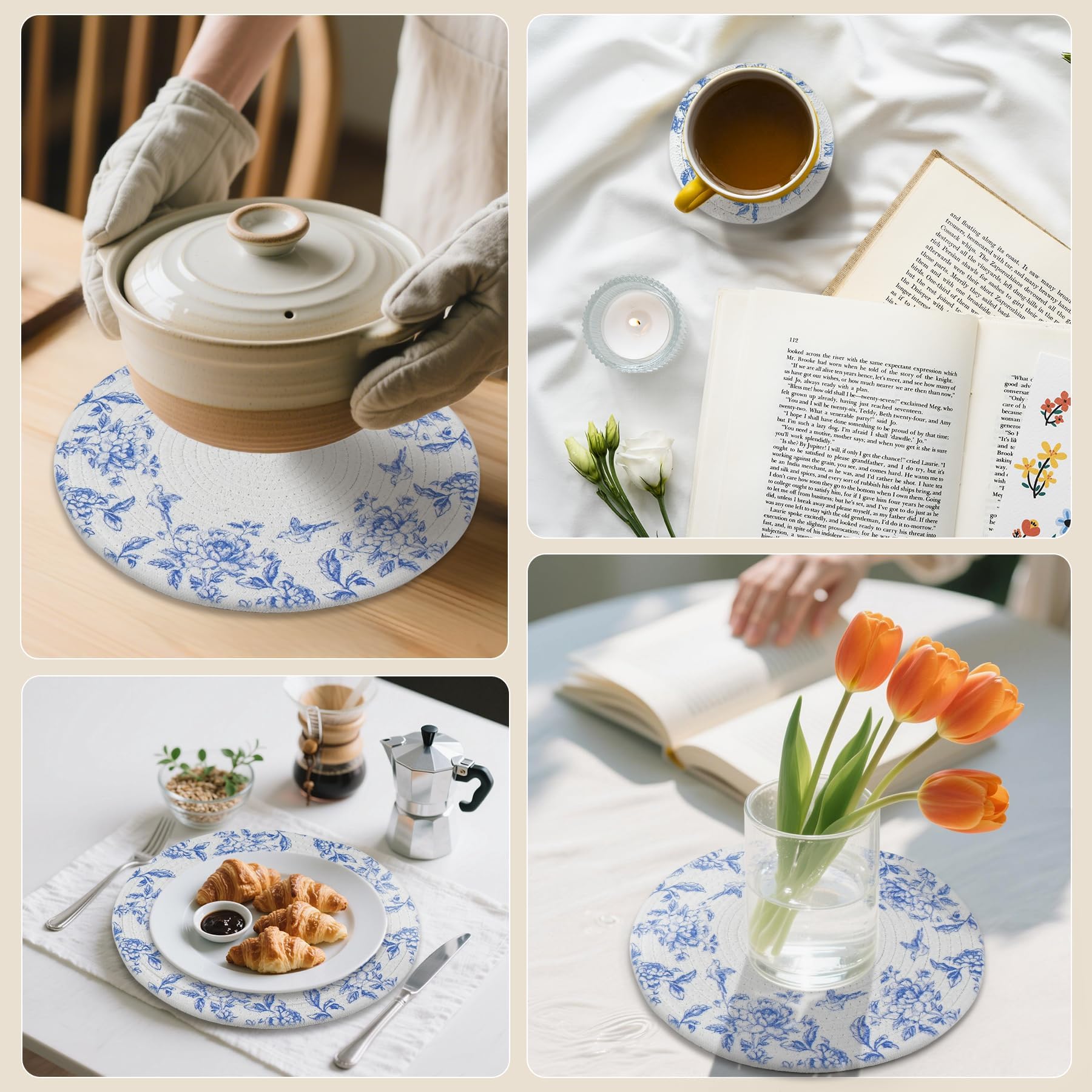 Chinoiserie Gewebte Platzsets, Untersetzer, Set mit 6 Stück, Blumenmuster, rund, Baumwollseil, Platzsets, Großpackung, blau und weiß, Tischsets, florales hitzebeständiges Tischset für Zuhause