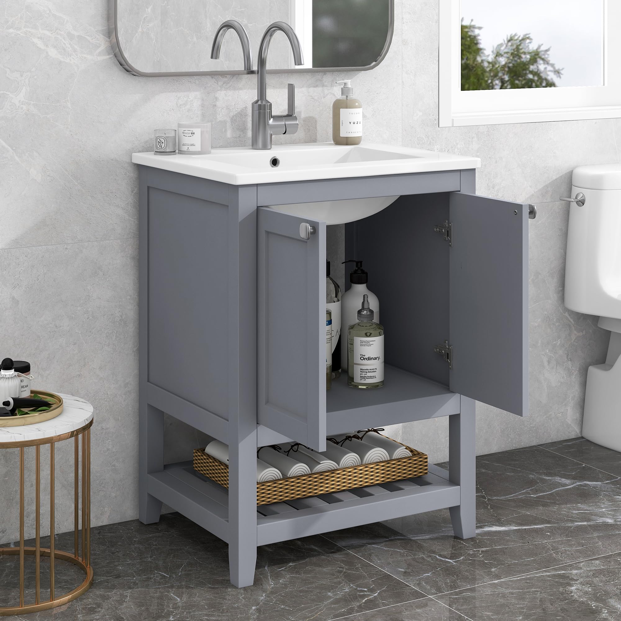 Mobile da bagno singolo con base 60 cm con lavabo in ceramica, grigio chiaro