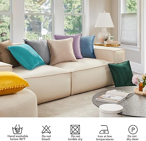 Vista 118 de Deconovo Juego de 2 fundas de almohada de terciopelo, 20 x 20 pulgadas, color verde azulado, cuadradas, con pompones, suaves, con cremallera