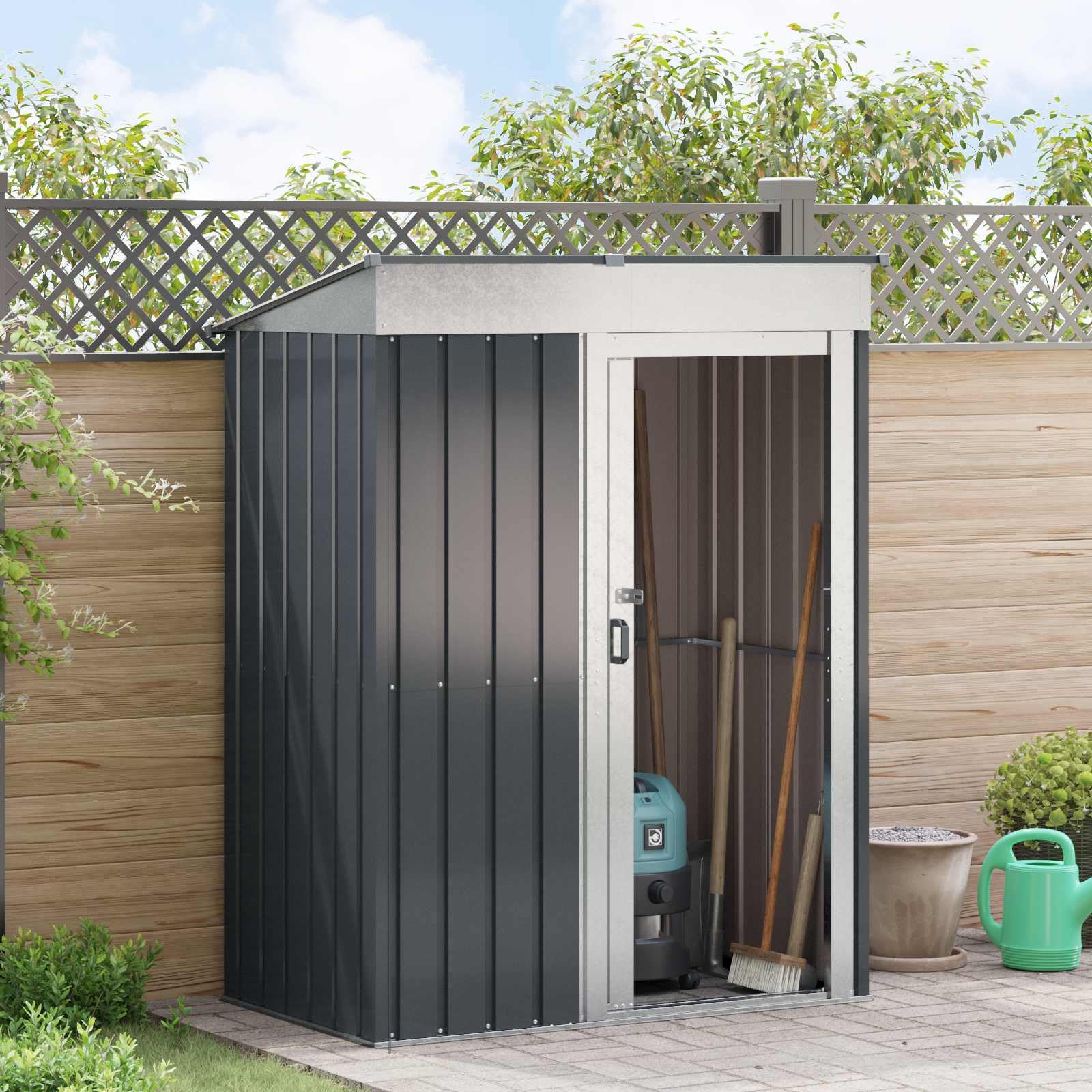 IKAYAA Cobertizo de Jardín Exterior 137 x 81 x 180 cm Caseta de Jardín Exterior Metálica Armario Exterior para Almacenamiento de Herramientas para Patio Terraza Antracita