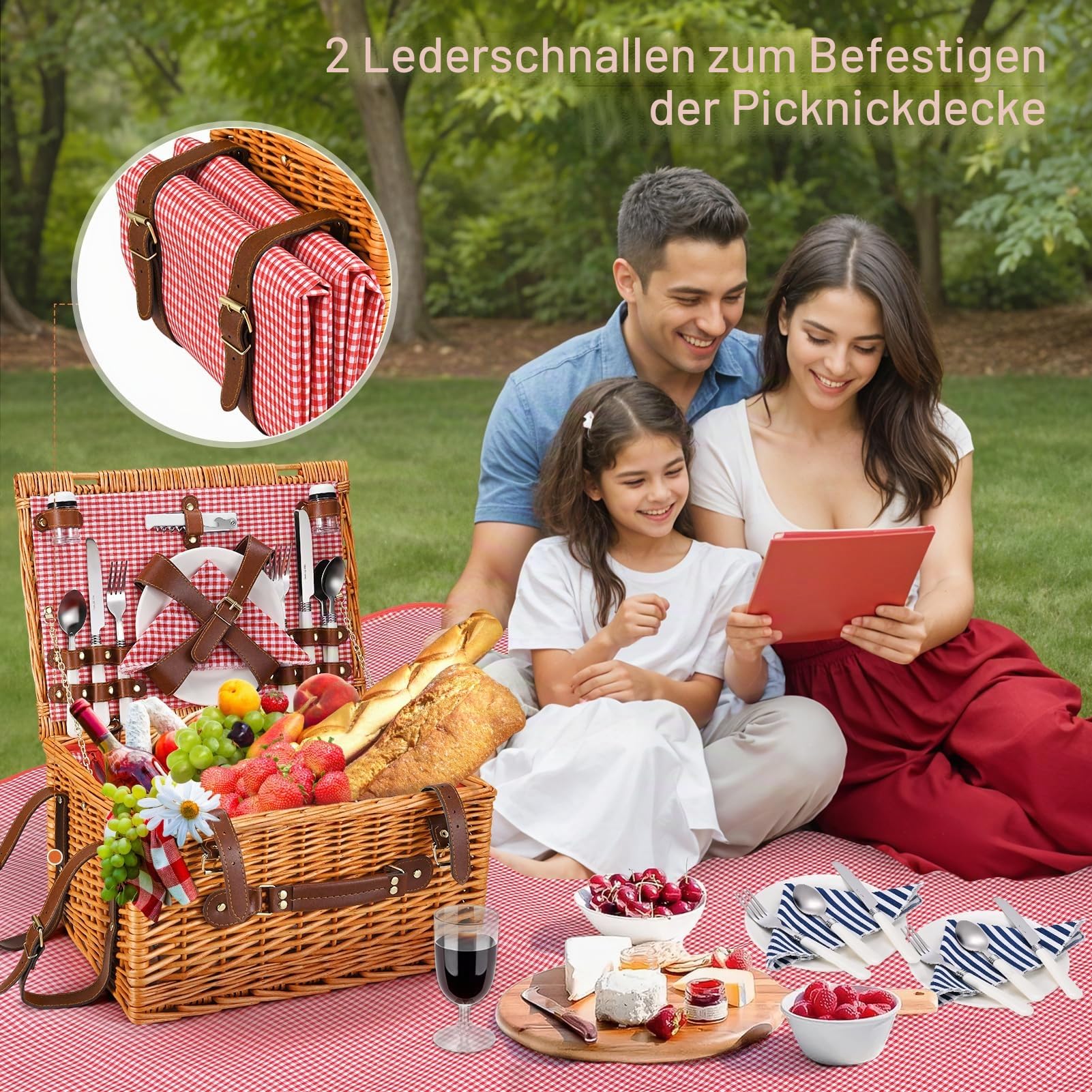 Premium Picknickkorb-Set für 4 Personen, Weidenkorb mit Kühlfach, Wasserdichter Decke, Tellern, Gläsern, Besteck, für Camping, Outdoor Party, Strand, Wandern, Rot