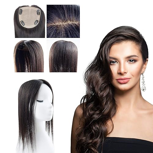 Briiwii Toppers de cabello humano para mujeres con pérdida de cabello adelgazante, base plateada, 4.75 x 5 pulgadas, parte libre hecha a mano, color