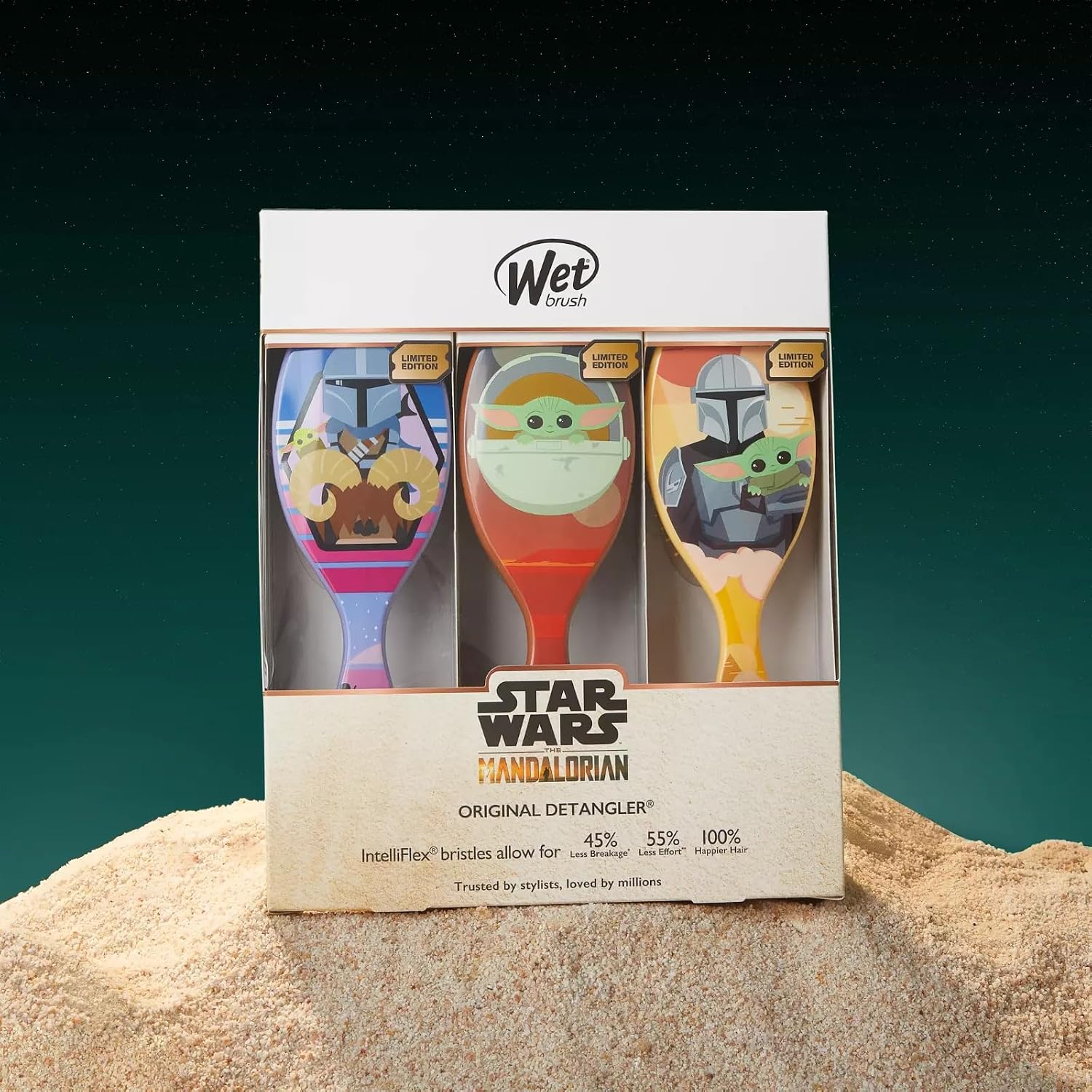 Wet Brush Original Detangler Limited Edition Disney Mandalorian 3-pack Hair Brush Set for All Hair Types featuring Grogu & Mando