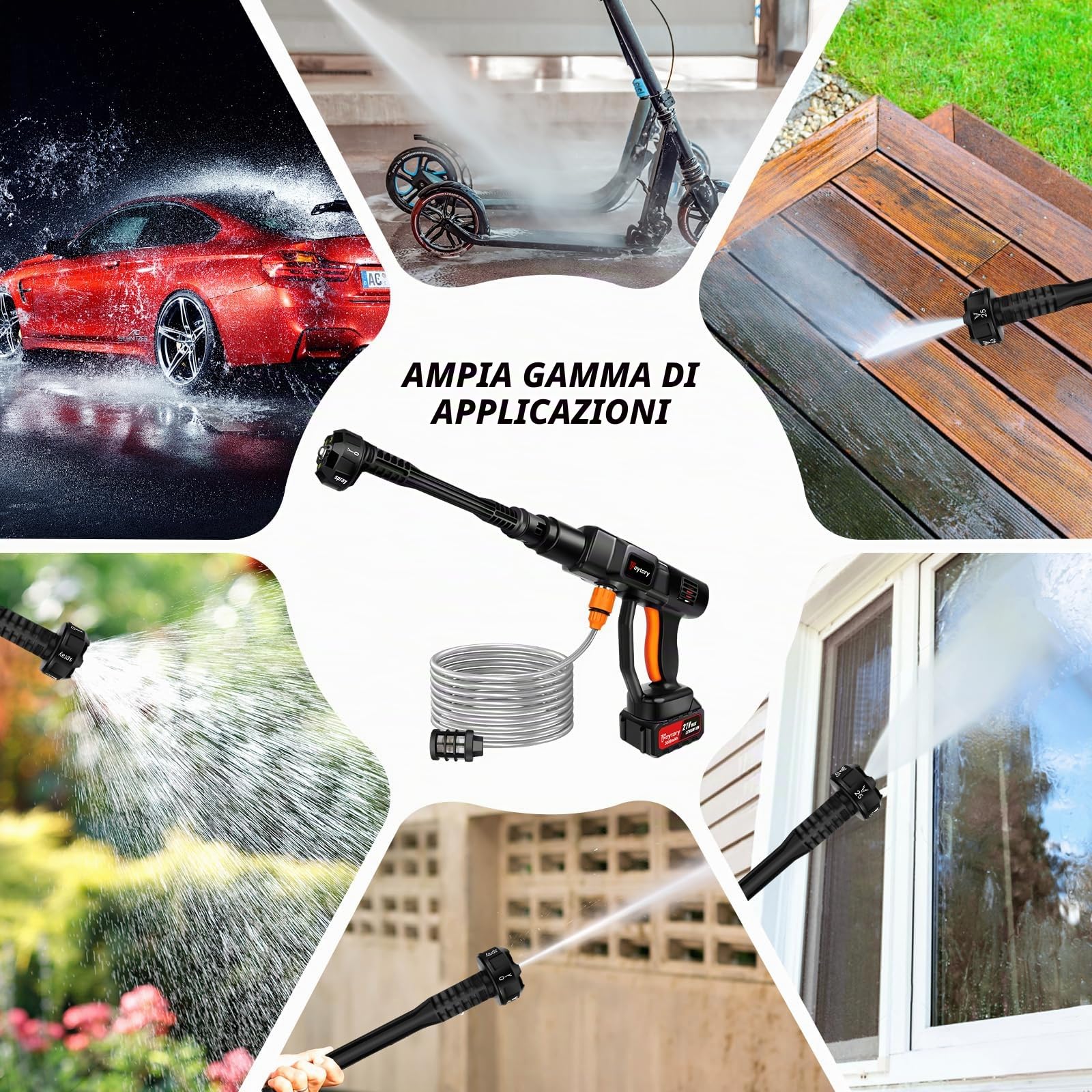 Idropulitrice portatile senza fili, 21 V, 45 Bar/652 PSI con 2 batterie da 3,0 Ah, ugello regolabile 6 in 1, tubo flessibile da 5 m, per pulizia e irrigazione di auto/pavimento/giardino