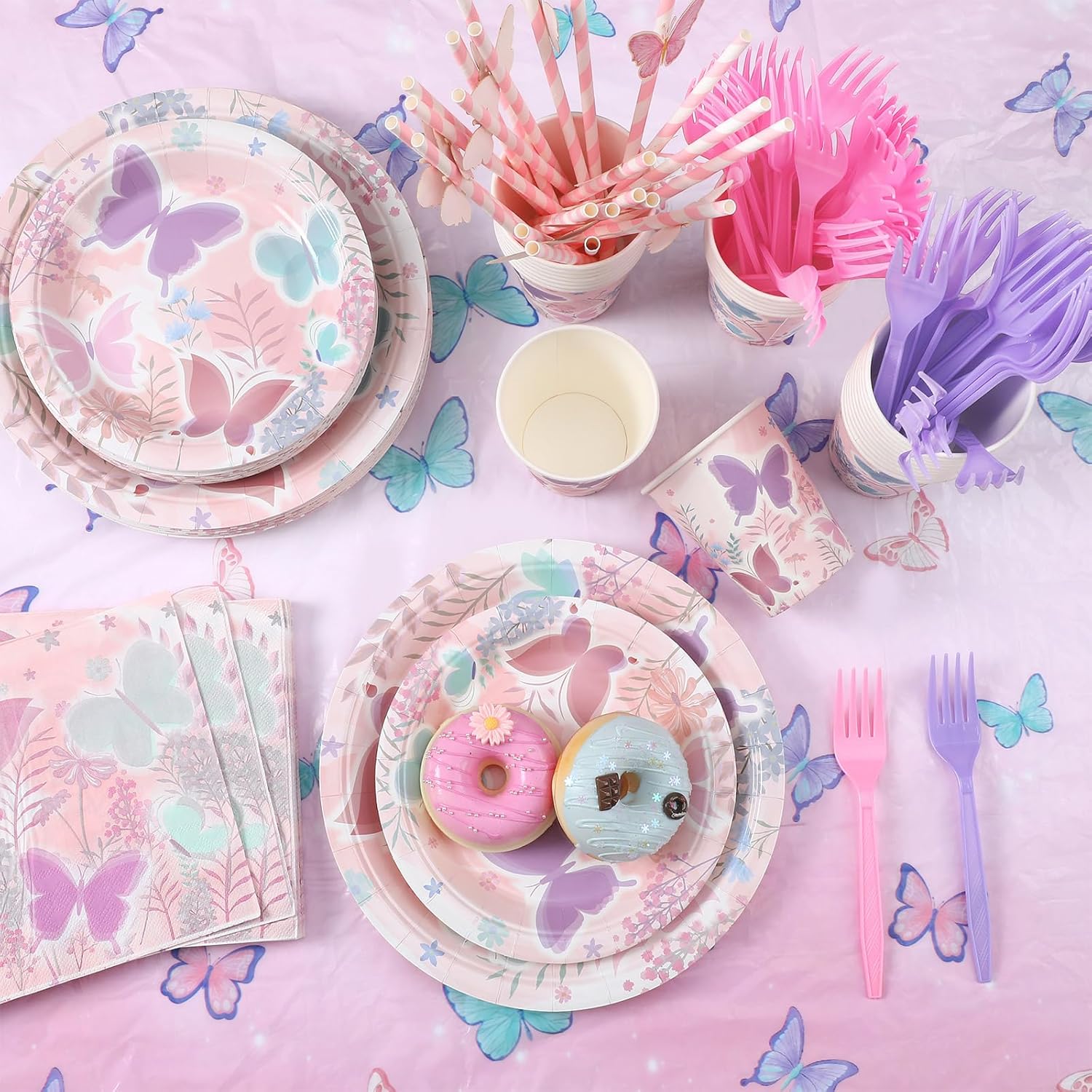 Zhehao 200 Pcs Butterfly Birthday Party Decorations Supplies for 25 Guests Backdrop Banner Plates Napkins Cups Balloon Tablecloth Disposable Tableware for Happy Birthday Accessories