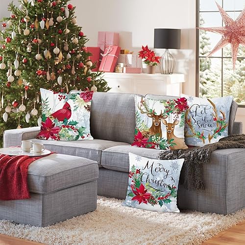 Miniatura 3 de Bonhause Juego de 4 fundas de almohada de reno de Navidad de 18 x 18 pulgadas, almohadas decorativas de Papá Noel para sofá, decoración de