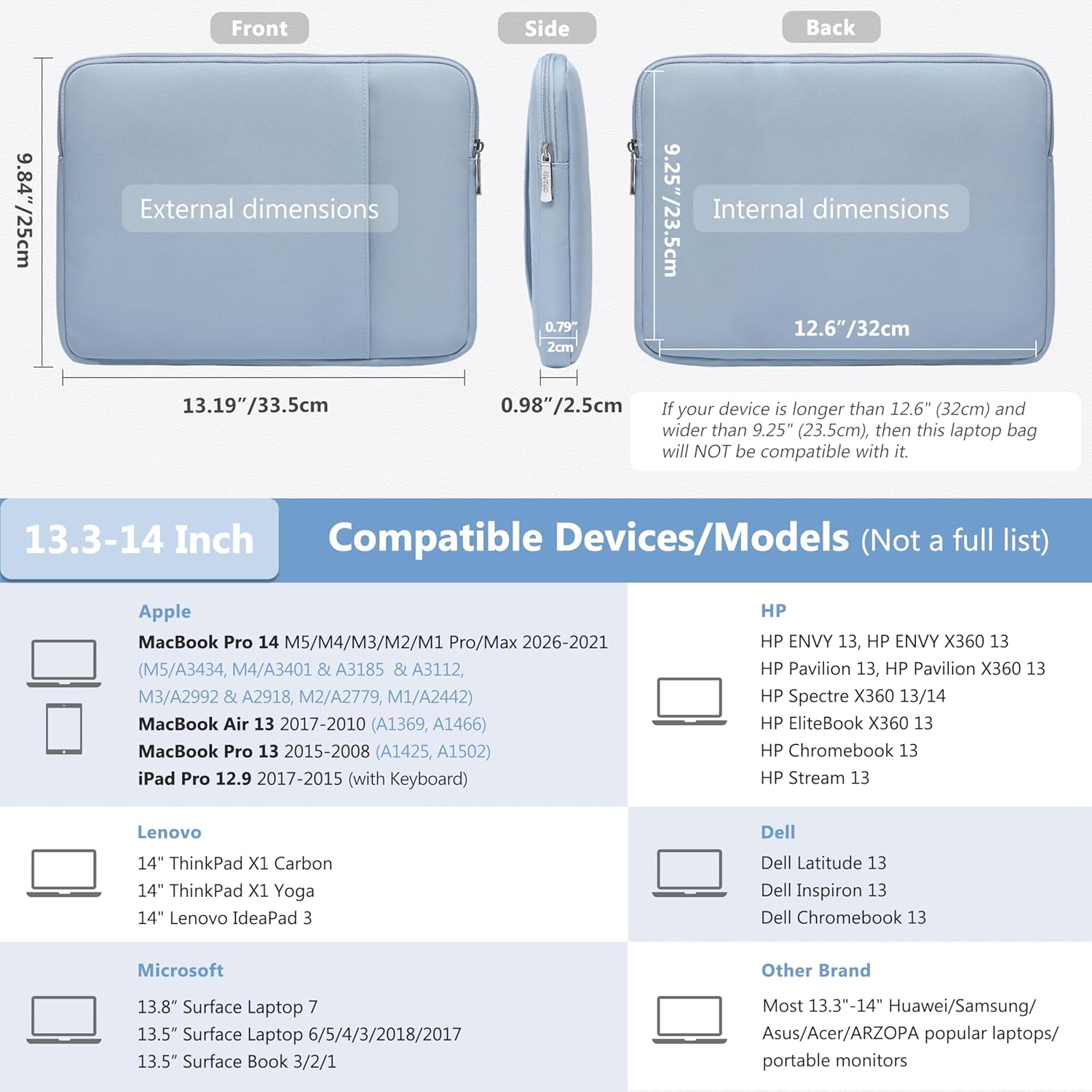HYZUO 13.3-14 Inch Laptop Sleeve Bag Set for MacBook Pro 14 M5/M4/M3/M2/M1, MacBook Air/Pro 13.3, 13.5"-13.8" Surface Book/Laptop, Notebook Case for 13.3" HP Dell Lenovo Asus Acer, Pale Blue - Image 3