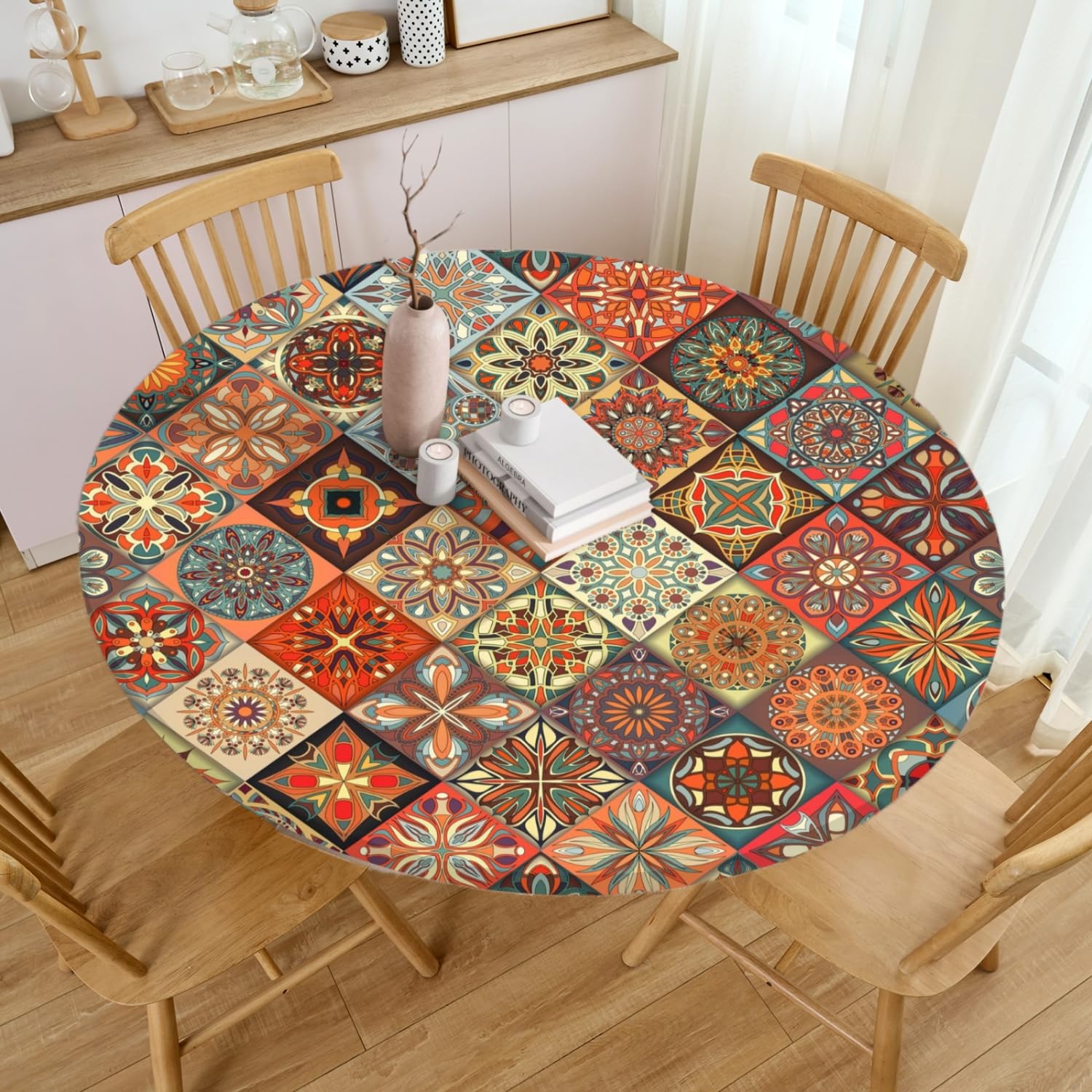 Boho Tischdecke Rund, Outdoor Tischdecke Abwaschbar Rund, Elastisch Gartentischdecke Wetterfest Tablecloth mit Gummizug für Balkon, Garten (Style 2,120cm)