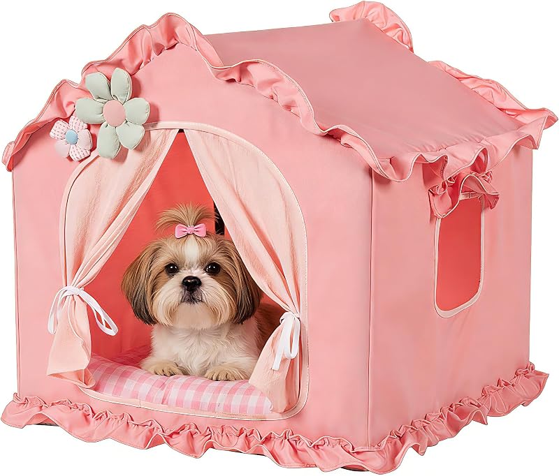 Pink Indoor Cat House with Frame Foldable Breathable for Small Dog | Princess Style, Washable & Removable Cover, Dog House Indoor, Cute Cat Tent with Cover Cave,Medium:17"x17"x17" for 8-20 lb