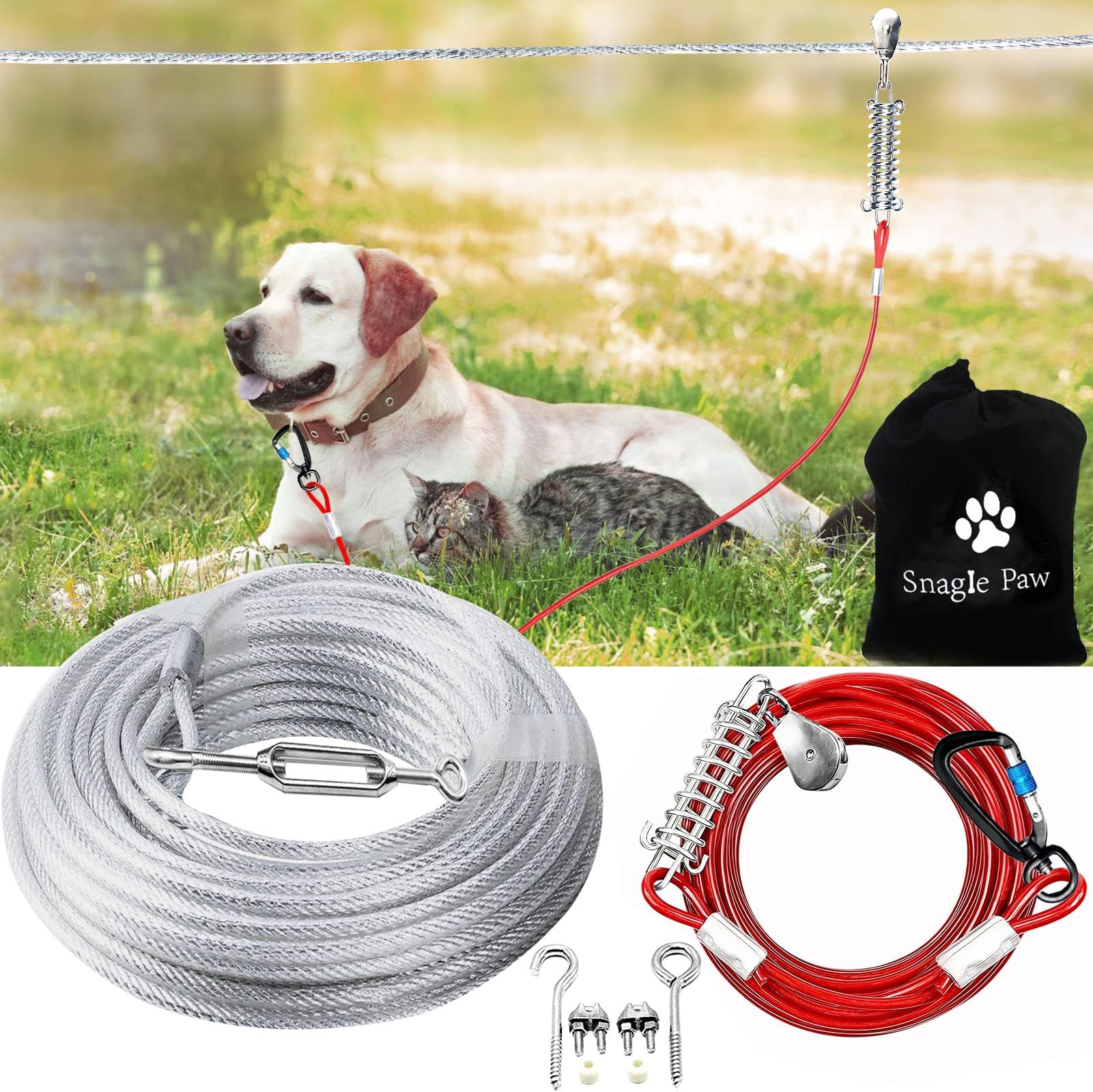 Snagle Paw Dog Tie Out Runner for Yard,Trolley System for Large Dogs,Heavy Duty Dog Aerial Run Cable with 10ft Pulley Runner Line for Dogs Up to 125lbs,Yard or Camping, 75ft, 100ft new75ft