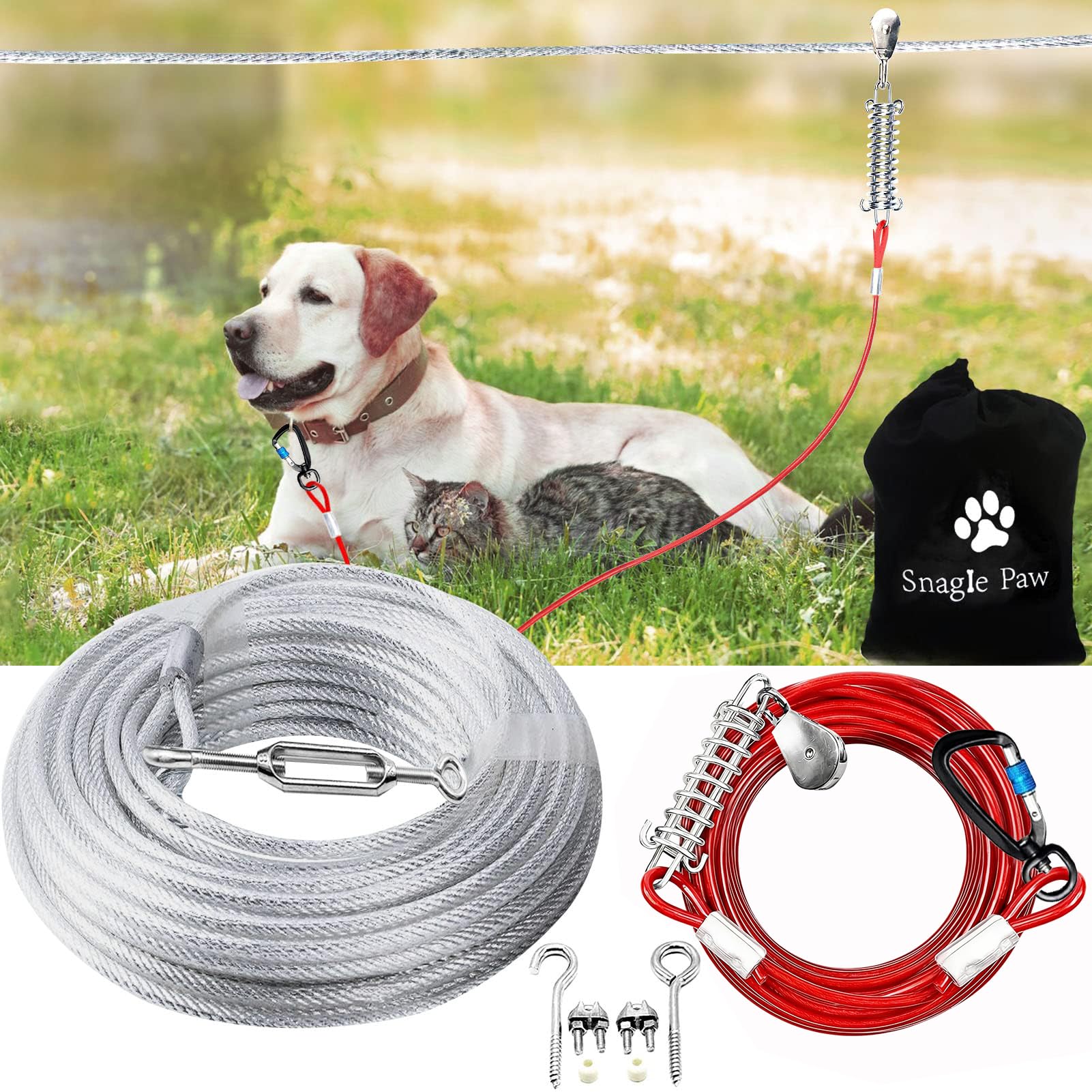 Dog Tie Out Runner for Yard,Trolley System for Large Dogs,Heavy Duty Dog Run Cable 100ft with 10ft Pulley Runner Line for Dogs Up to 250lbs,Yard or Camping