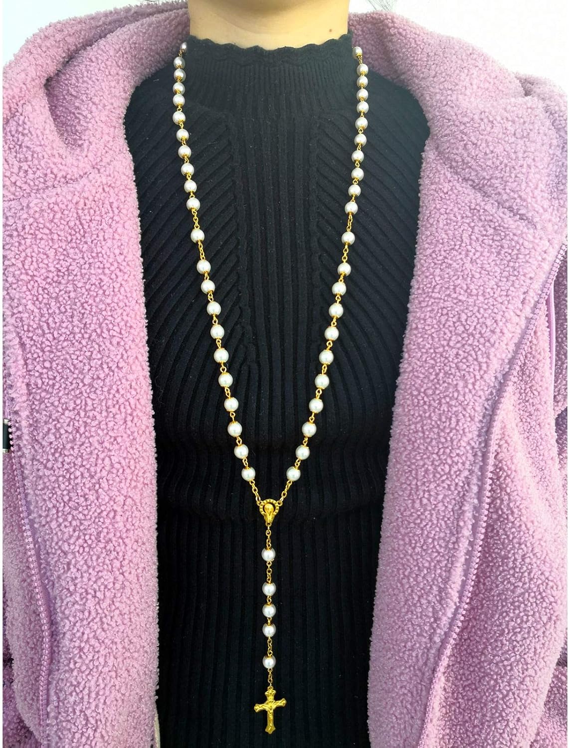 Rosary Beads Catholic for Women Girls, First Holy Communion Rosary Gifts for Girls Catholic, Gold White Rosary Necklace for Women Imitation Pearl Beads Necklace Rosarios Catolicos - Image 6