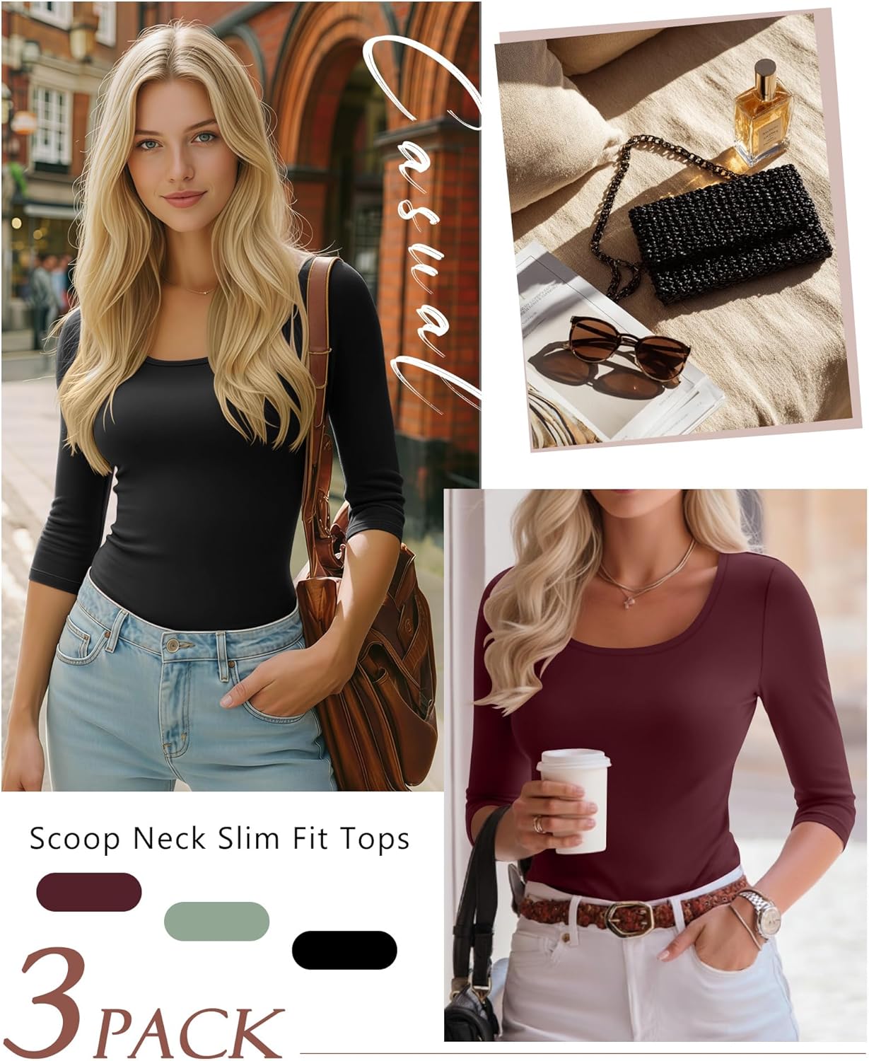 Ficerd 3 Pack Women's 3/4 Sleeve Shirts, Scoop Neck Slim Fit Tops Soft U Neck Knit Fitted Basic Tees Blouses - Image 2