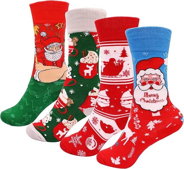 Christmas Socks for Women, 4 Pairs Warm Women Socks Winter Socks Santa Snowman Cute Funny Socks Knitting Socks Xmas Festive Socks Photo Props Christmas Novelty Gift for Ladies Girls Men
