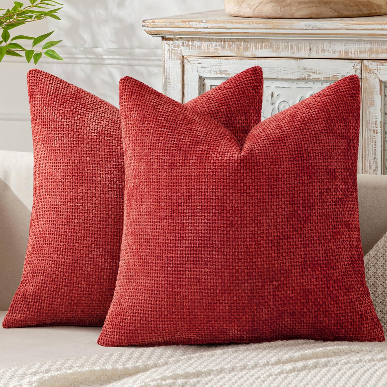 MIULEE Decorative Cushion Covers 50x50 cm Set of 2 Chenille Soft Boho Pillowcases Farmhouse Throw Pillow Covers Modern Home Decor for Couch Bed Living Room, Red