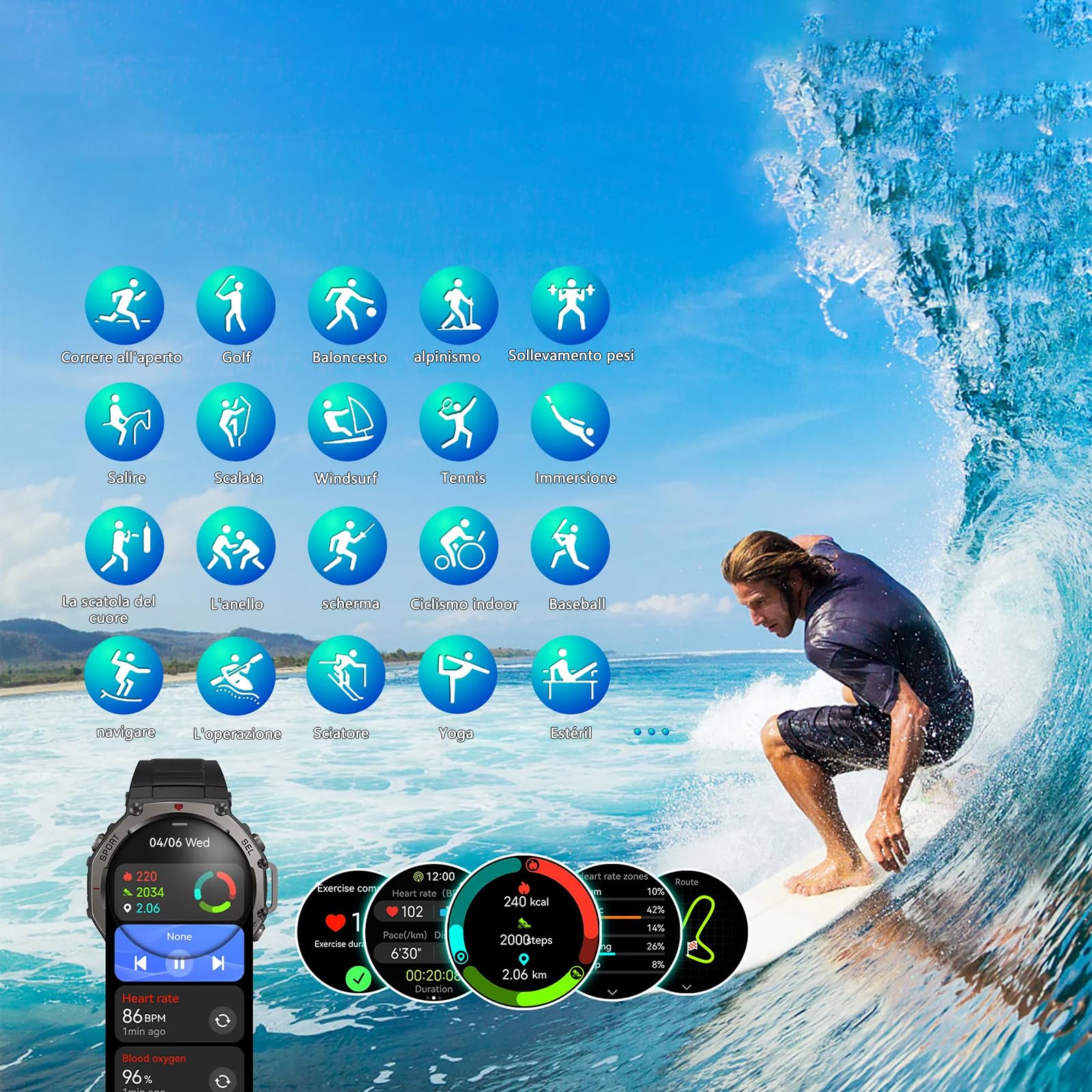 Reiteag Sekoda Gps Sports Smartwatch Doppia Frequenza, Oltre 170 Dati Su Fitness E Salute, Durata Della Batteria Di 15 Giorni, Frequenza Cardiaca E Spo₂, Impermeabile, (nero)