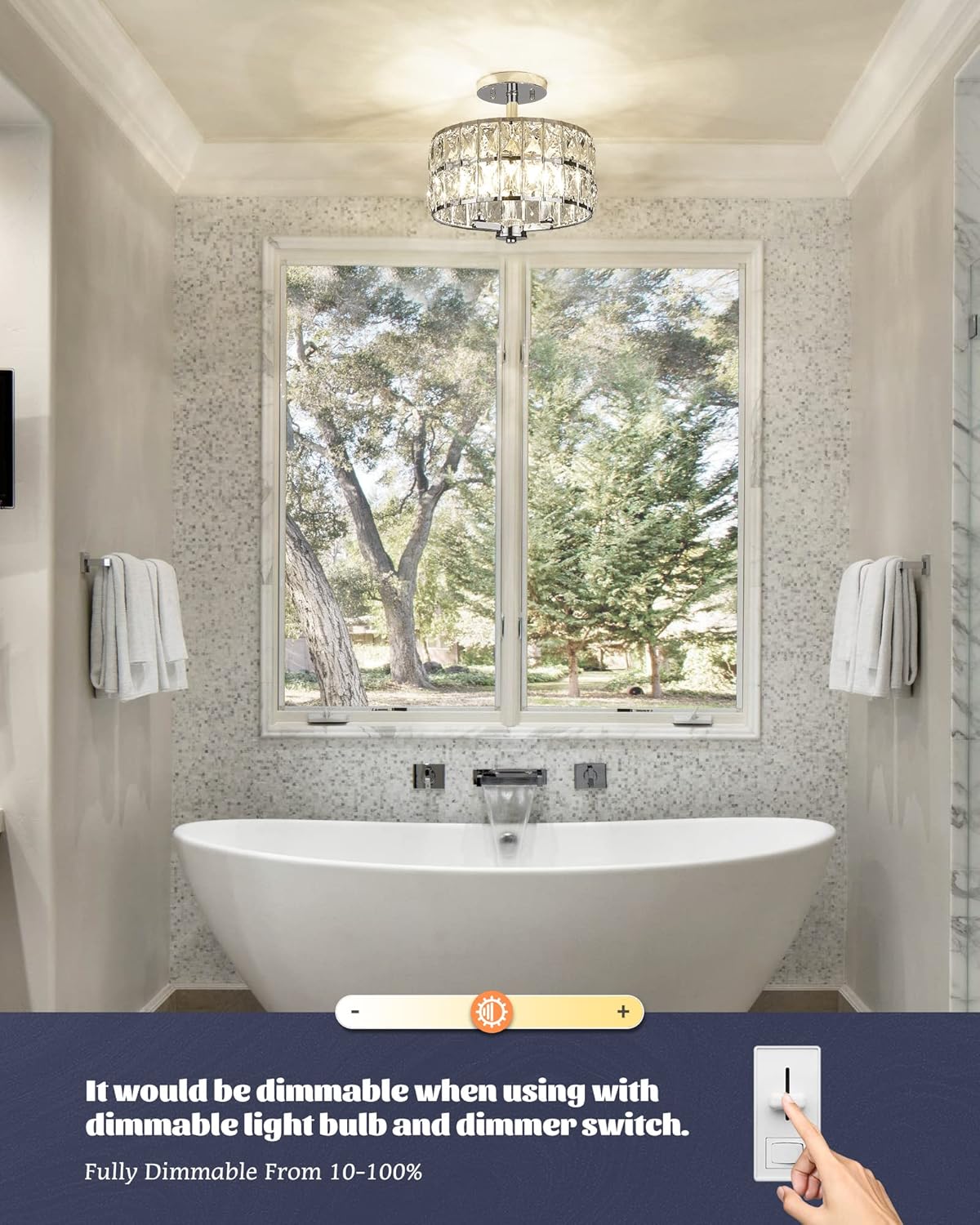 CALDION Semi Flush Mount Ceiling Light Fixture, 11" Crystal Light Fixture, 3-Light Modern Chandelier with Chrome Finish for Bathroom, Dinning Room, Hallway, 6869SM-CH-3 - - 