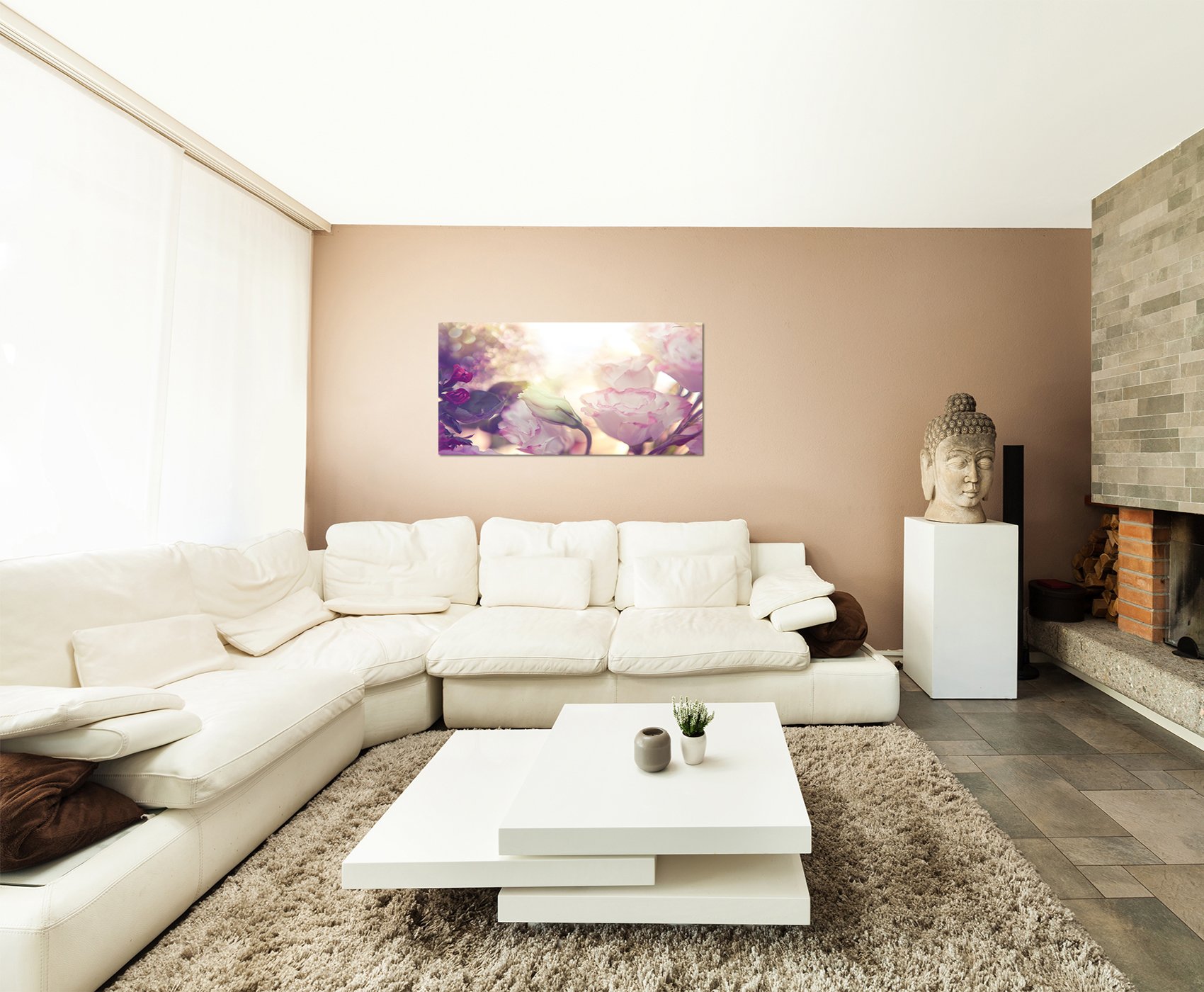 Paul Sinus Wandbild 80x120cm - Eleganter Kranich Zwischen Blühenden Pfingstrosen Für Dein Zuhause