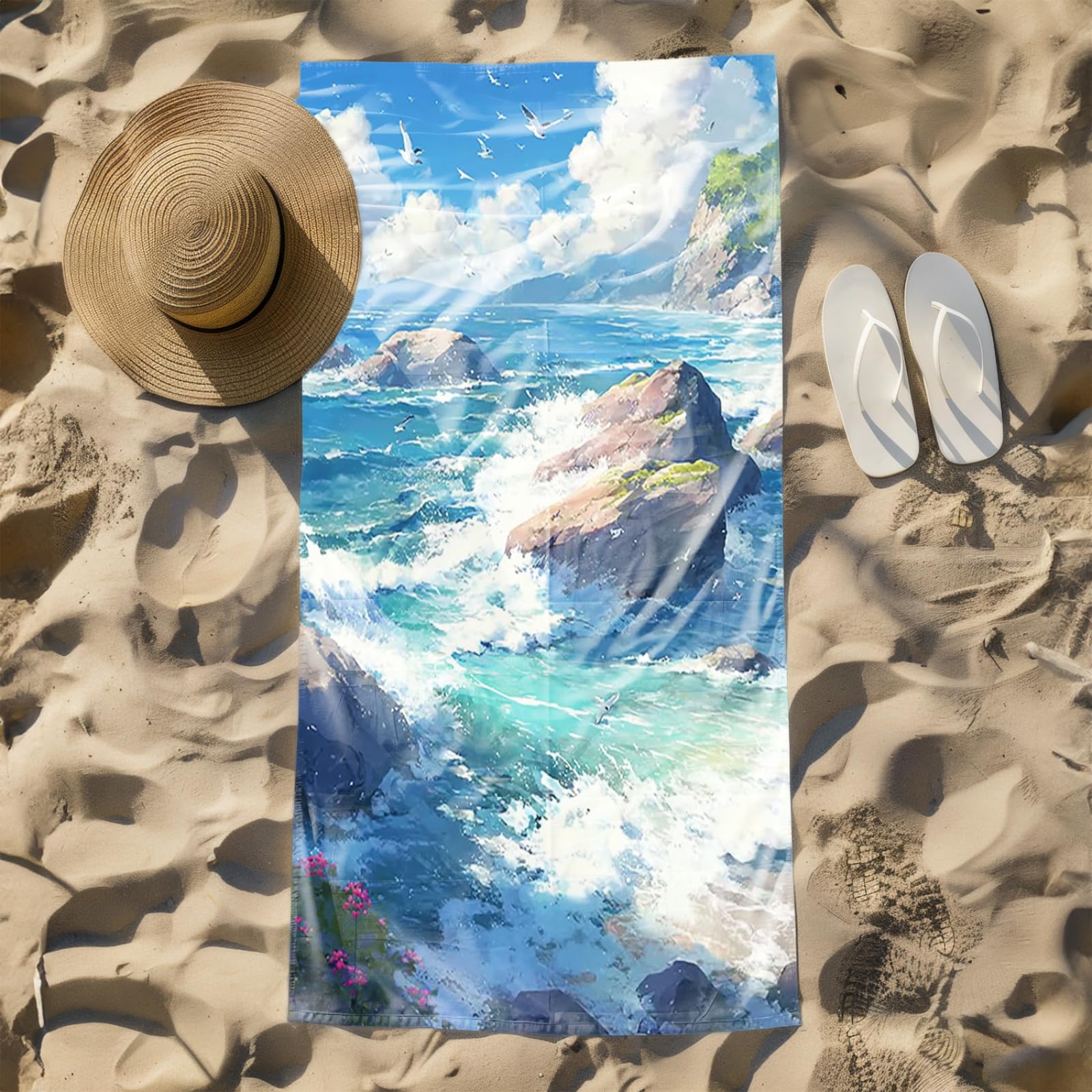 Tapis de Plage XXL Anti Sable Plage Mouettes Serviette Piscine Adulte,Natte De Plage Pliable, Voyage Accessoires De Plage Camping,Serviette de Bain Personnalisée